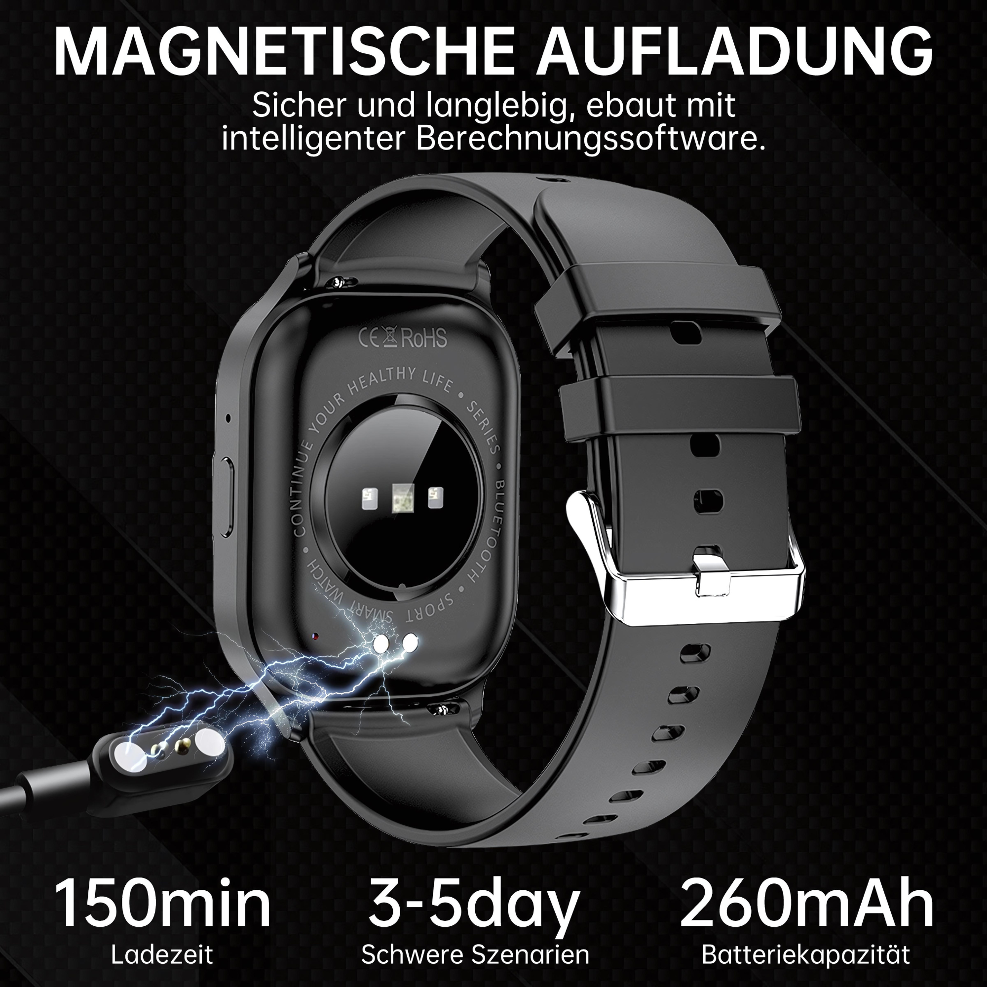 Czarny smartwatch z podłączonym kablem ładującym. Tekst o pojemności baterii i czasie ładowania.