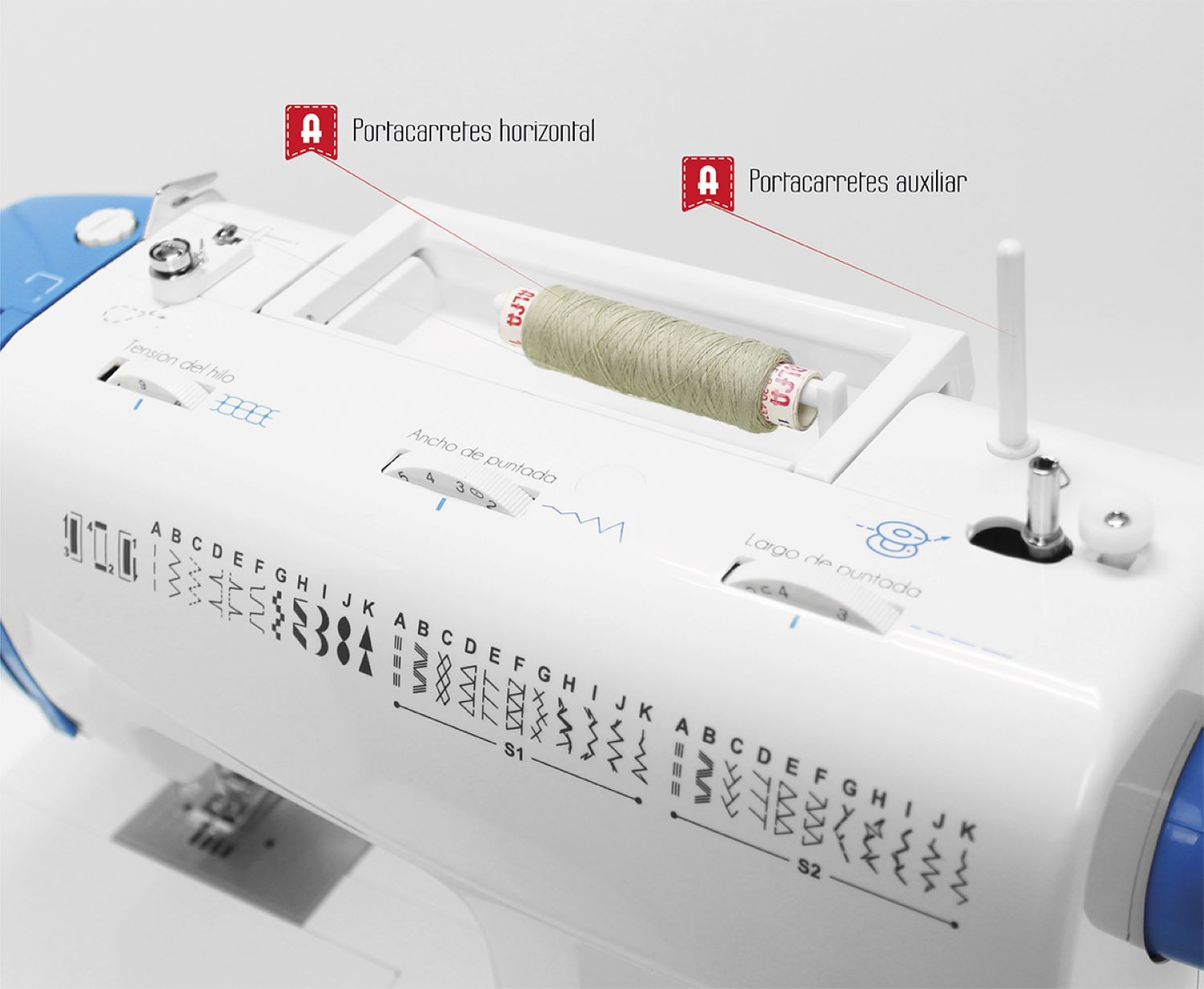 Zbliżenie detali maszyny do szycia, pokazujące szpulki nici i ustawienia ściegów.