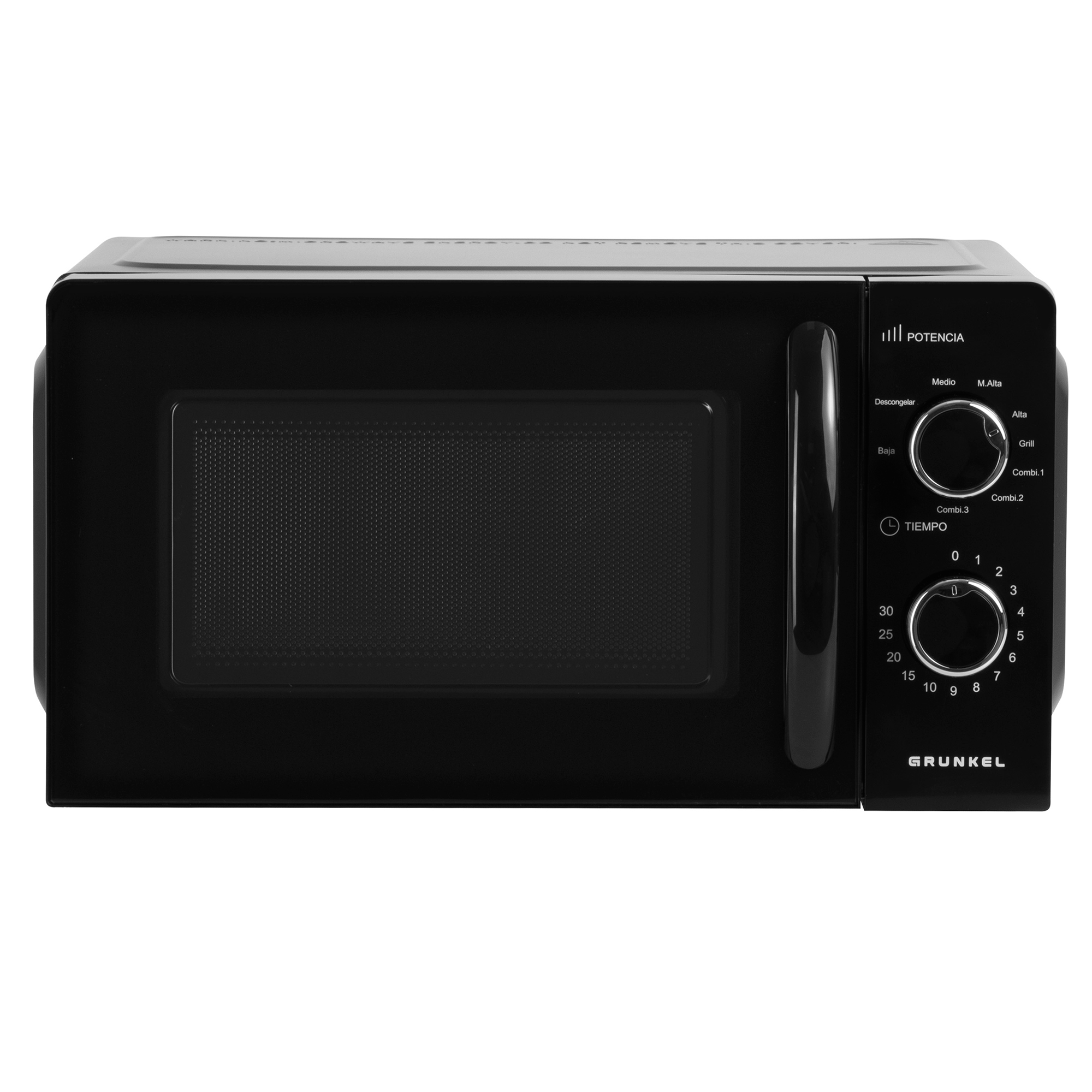 Microondas negro con panel de control a la derecha, aislado sobre fondo blanco.