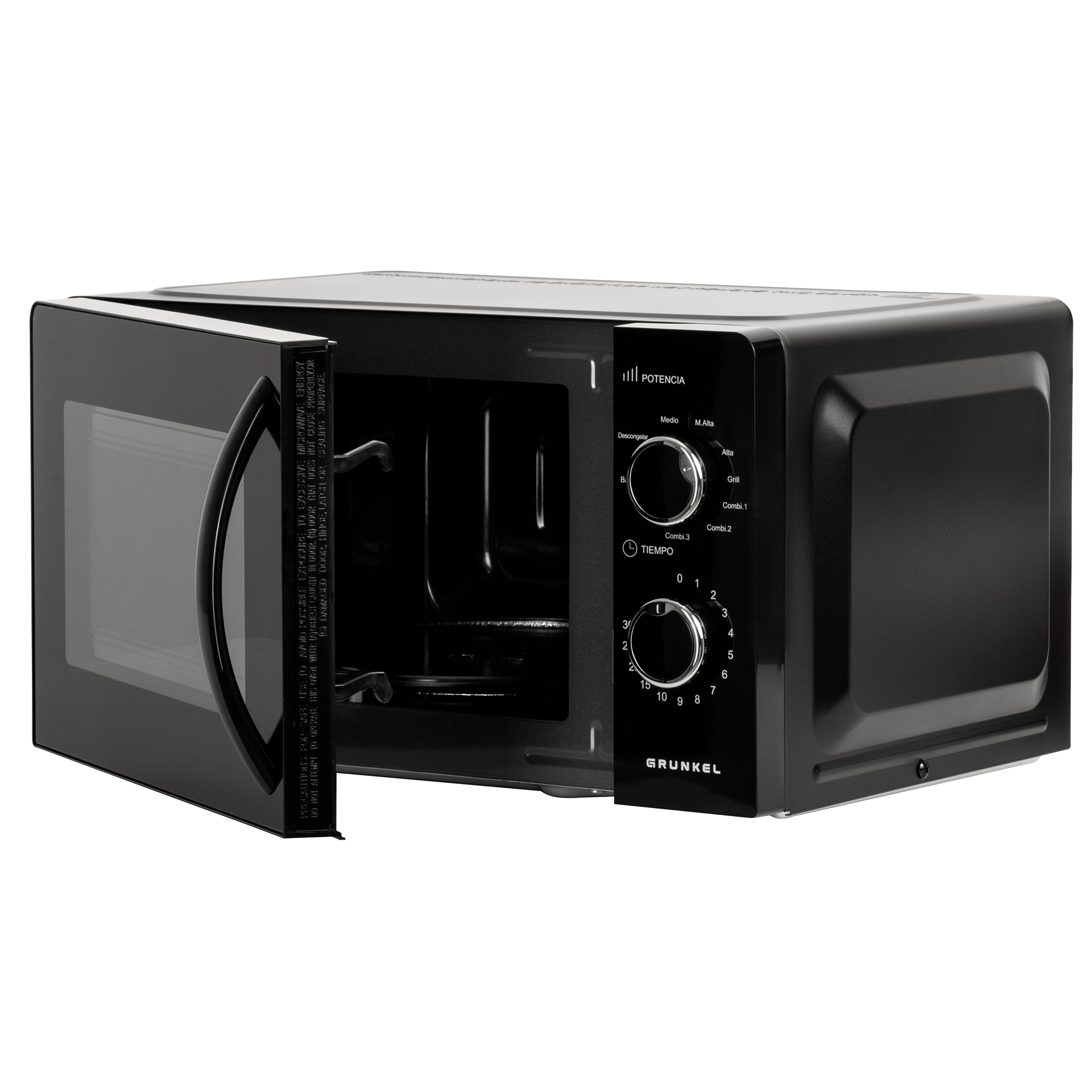 Microondas negro con puerta abierta, mostrando el interior. Controles a la derecha, fondo blanco.