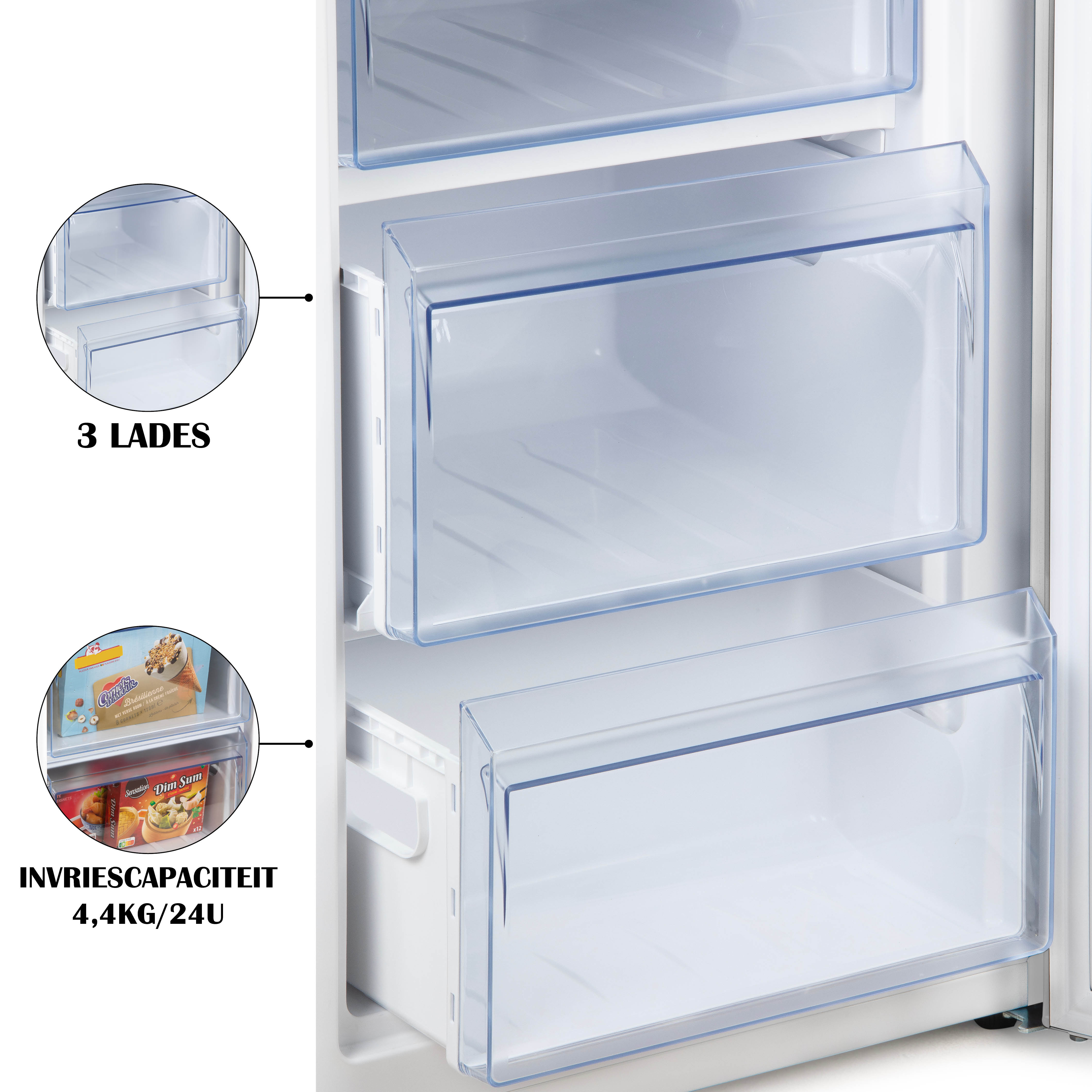 A refrigerator shows three clear drawers, and labeled freezer capacity with frozen food items.