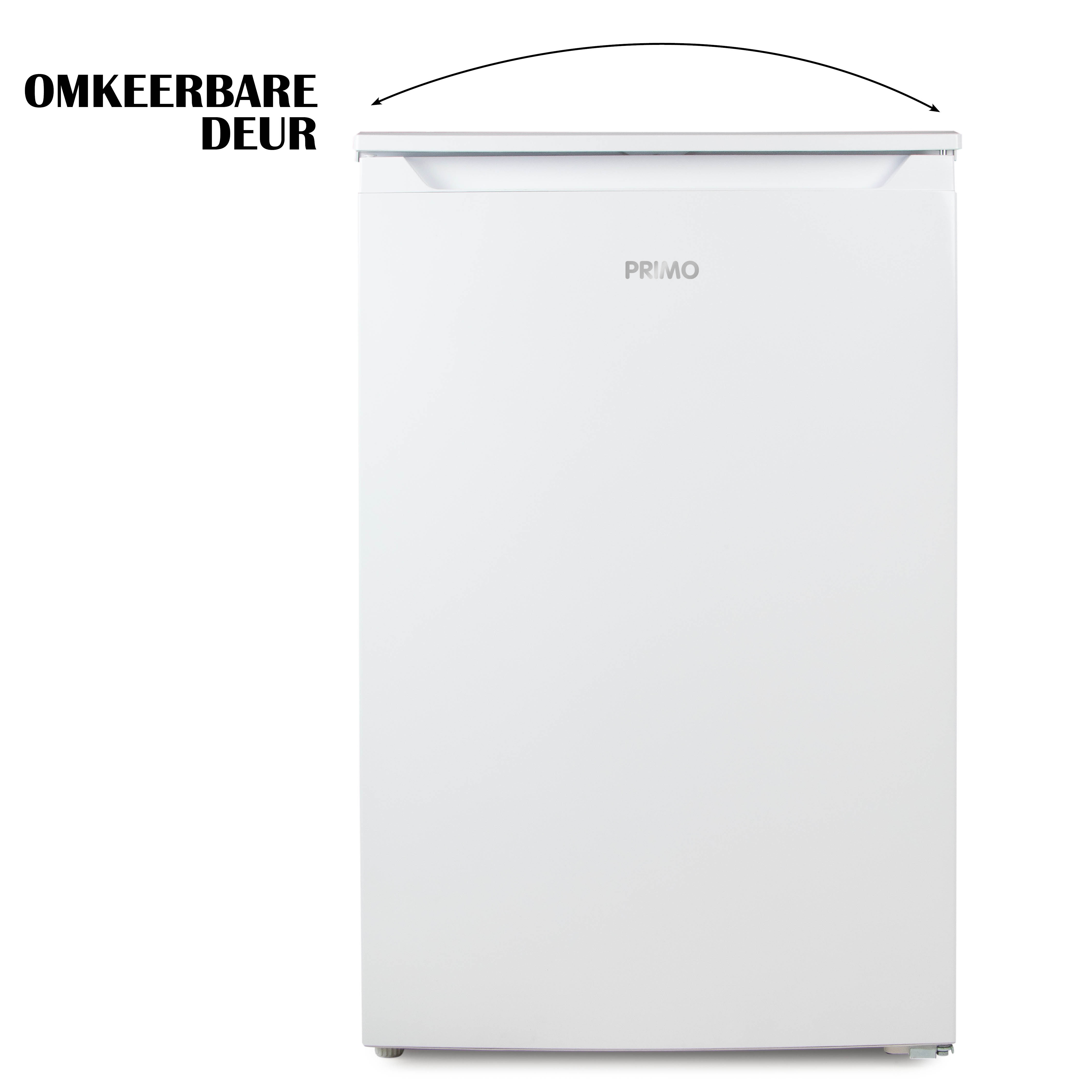 White refrigerator with PRIMO logo and reversible door label.