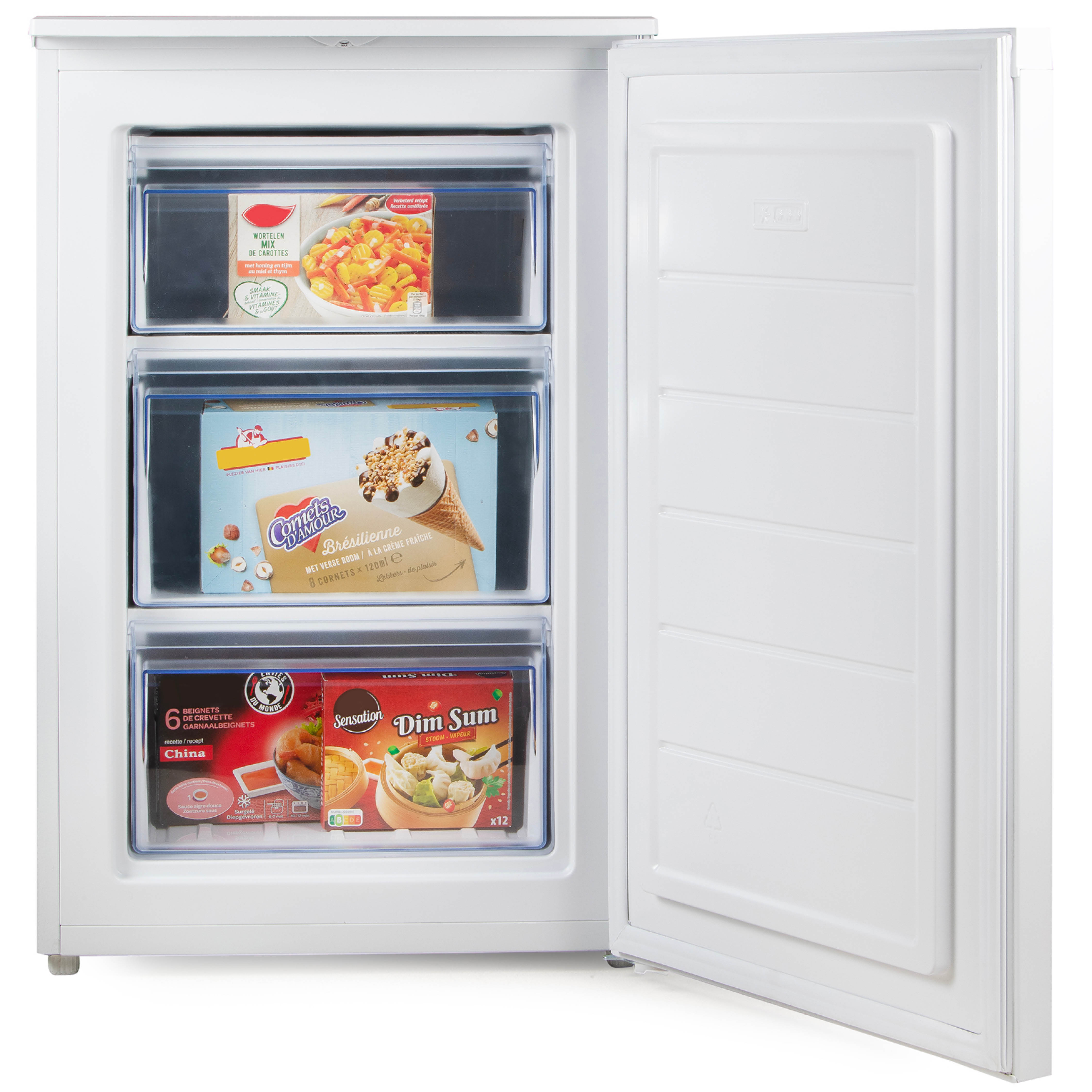 White freezer with open door showing three drawers of frozen food.