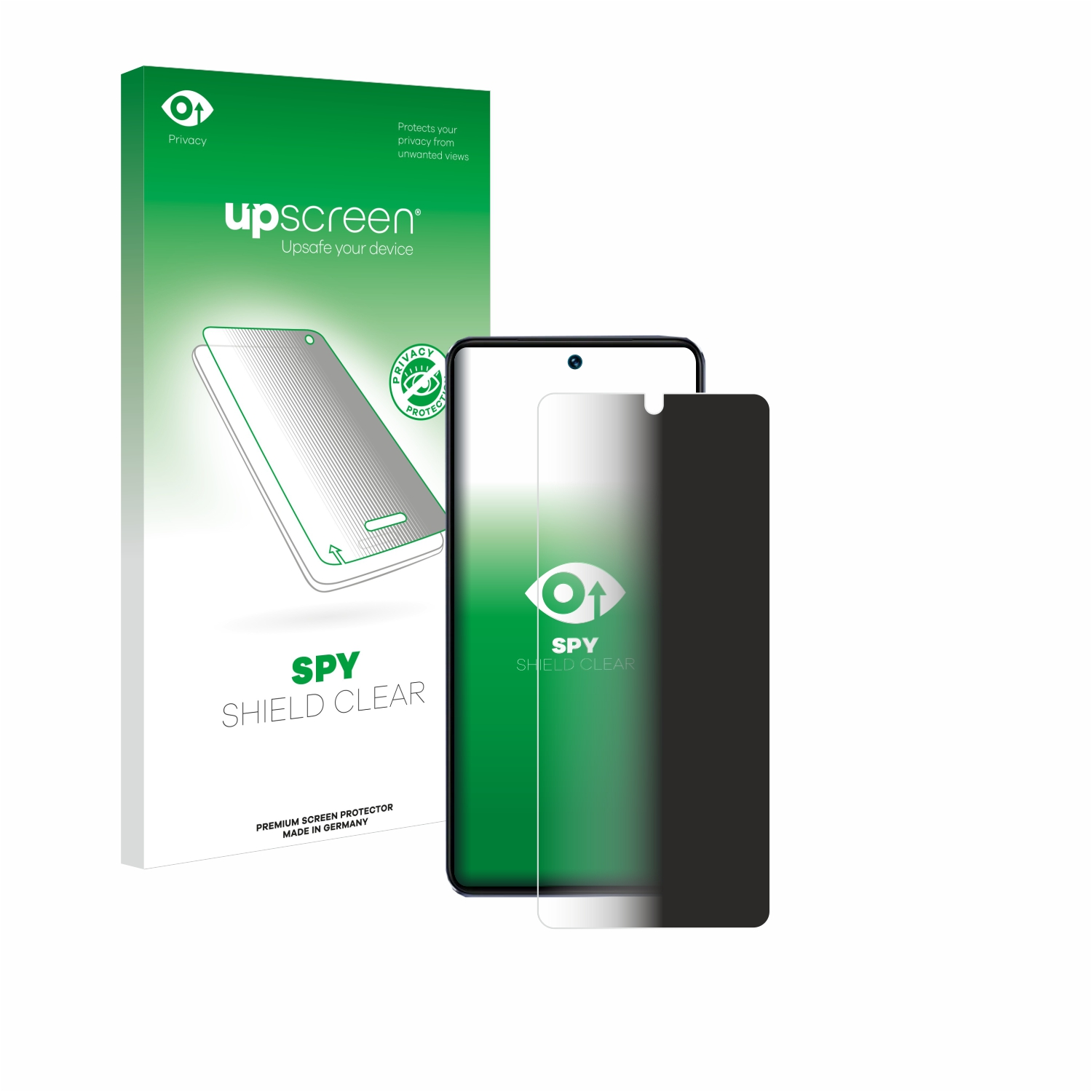 Ein Displayschutz, eine Box und ein Telefon. Der Schutz und das Telefon sehen dunkel aus. Weißer Hintergrund.