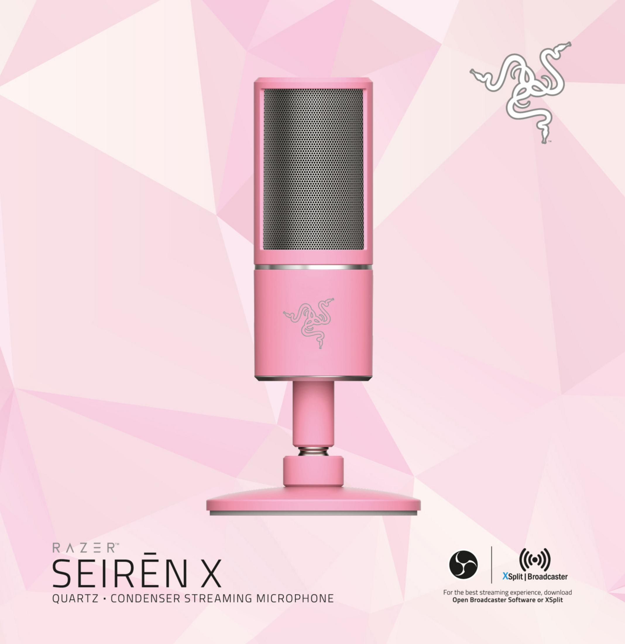 Różowy mikrofon Razer Seiren X na różowym tle z logo Razer po prawej stronie.