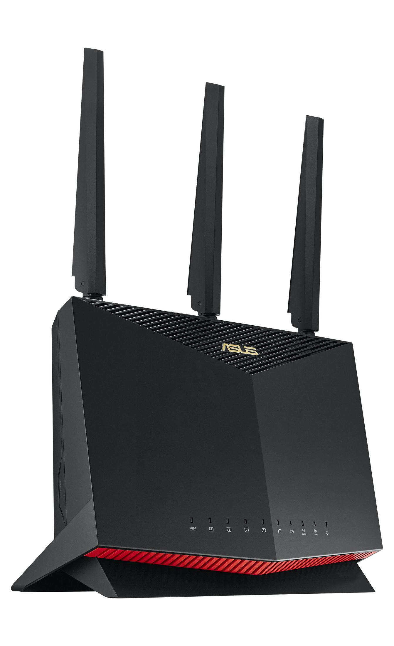Czarny router ASUS z trzema antenami. Czerwone akcenty na podstawie. Białe tło.