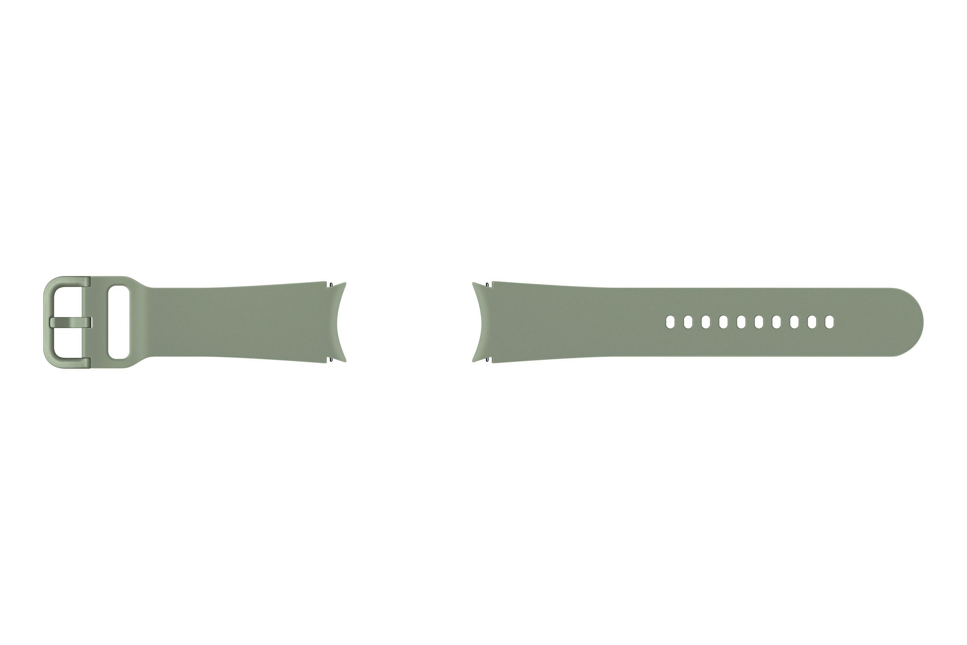 Ein abgetrennter salbeigrüne Uhrenarmband mit einer Schnalle und einer Reihe von Löchern.