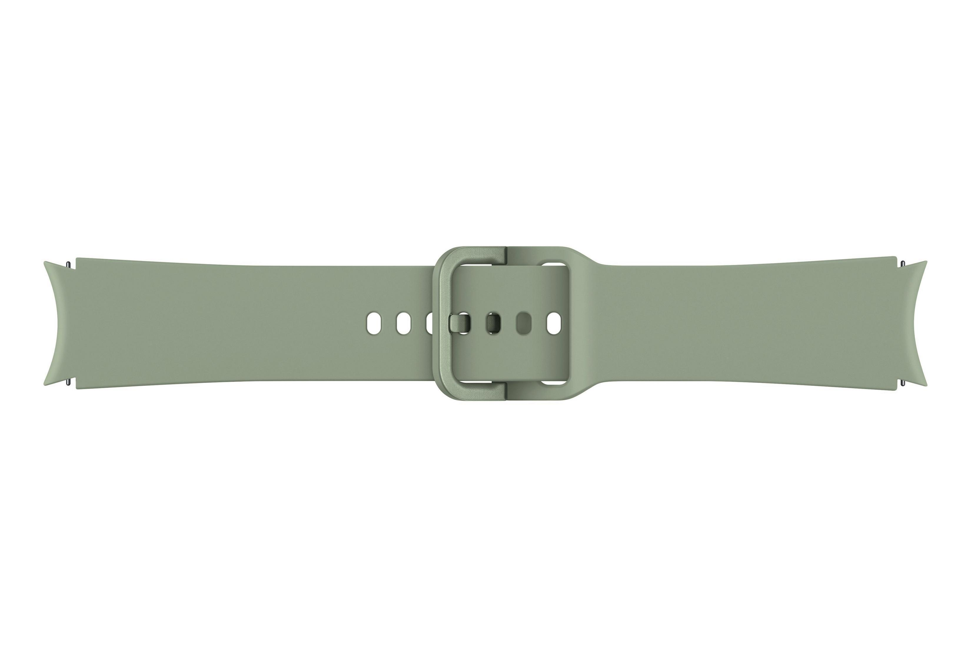 Grünes Uhrenarmband mit Schnalle. Das Armband ist an beiden Enden gebogen und hat Löcher zur Anpassung.