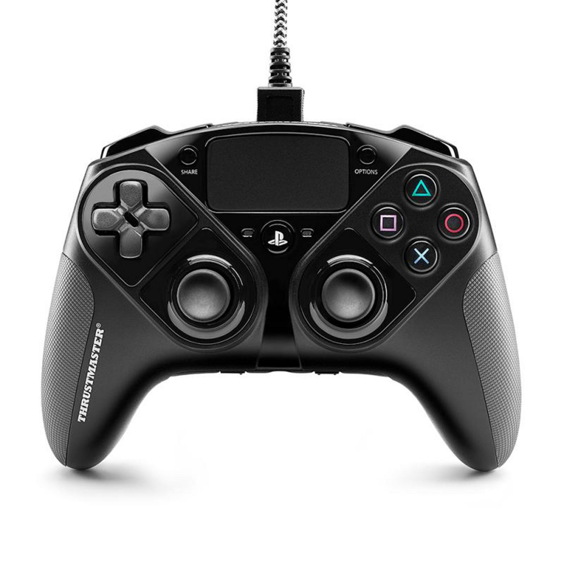 Controller Thrustmaster PlayStation nero con pulsanti e joystick. Connessione cablata in alto.