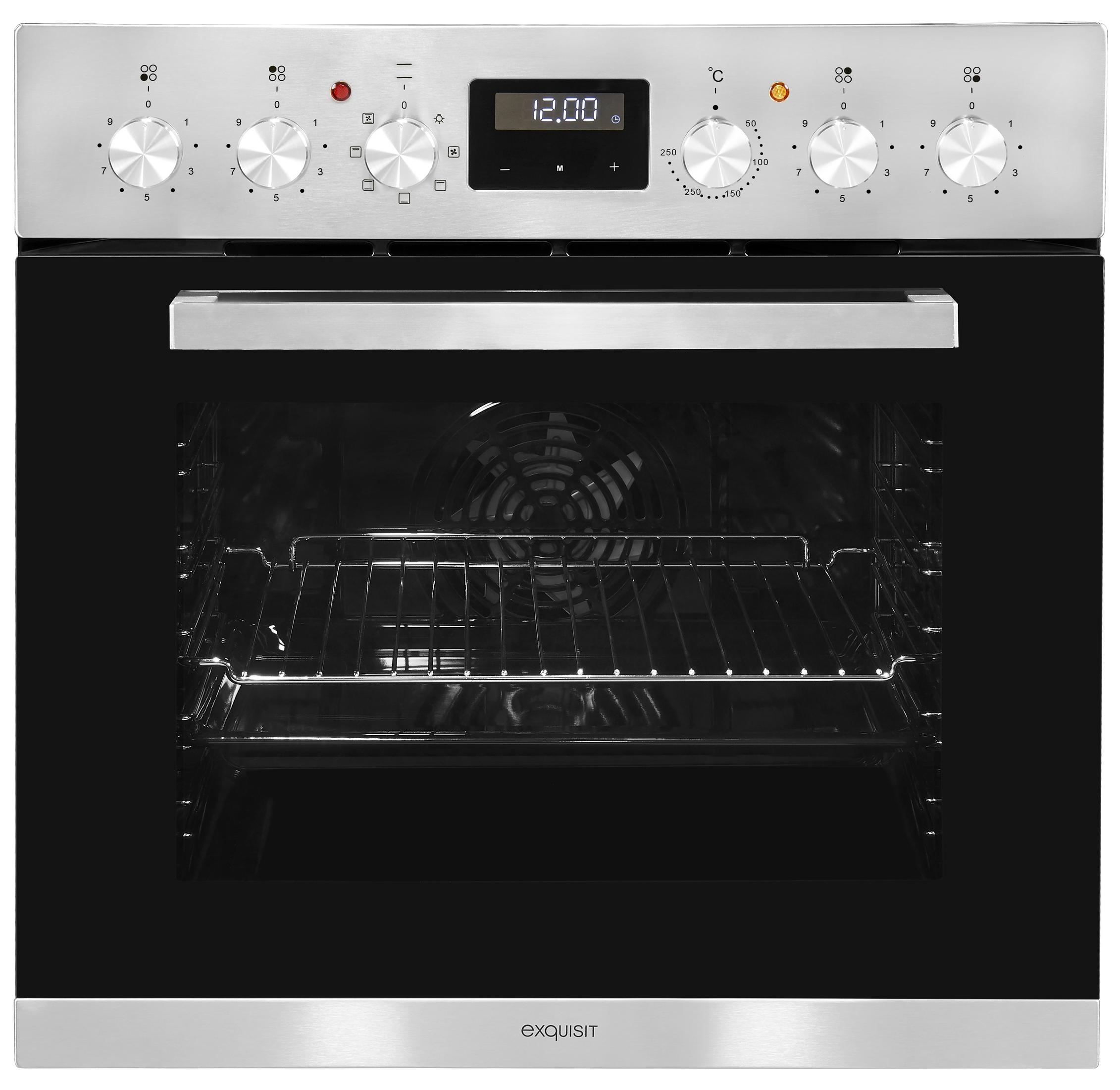 Ein Edelstahlbackofen mit schwarzer Glastür und mehreren Bedienknöpfen.