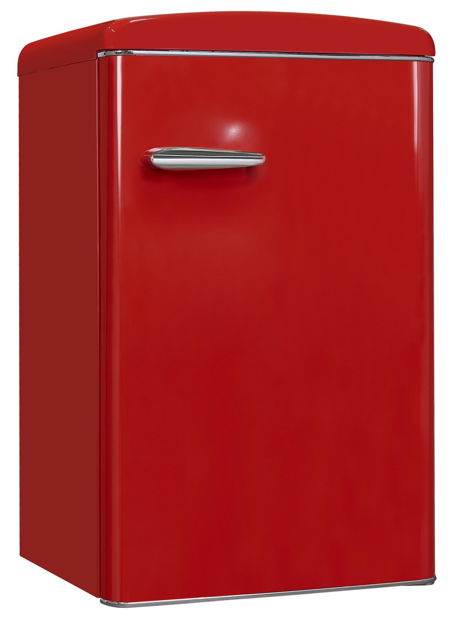 Un refrigerador rojo de estilo retro. Aislado sobre fondo blanco.