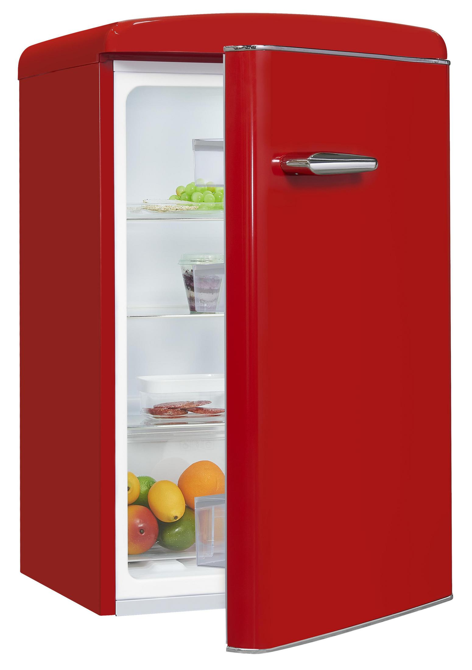Refrigerador rojo retro con la puerta abierta, mostrando estantes con frutas y alimentos.