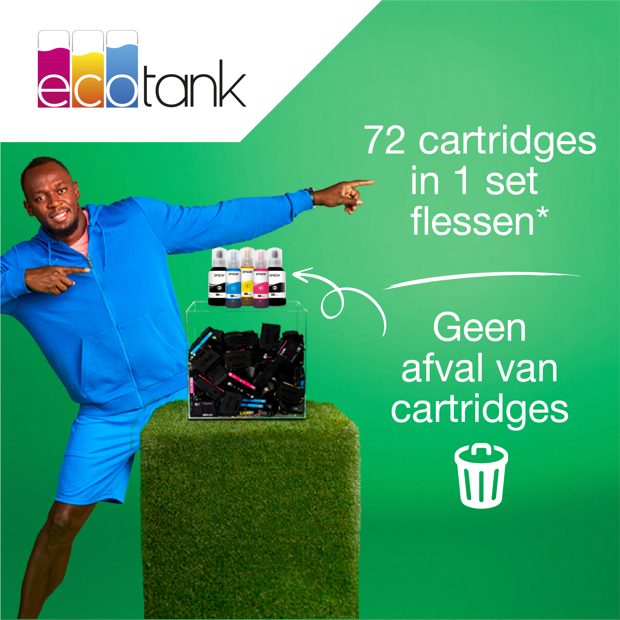 Mężczyzna wskazujący na wkłady i butelki z tuszem. Tekst mówi '72 wkłady w 1 zestawie flessen'.