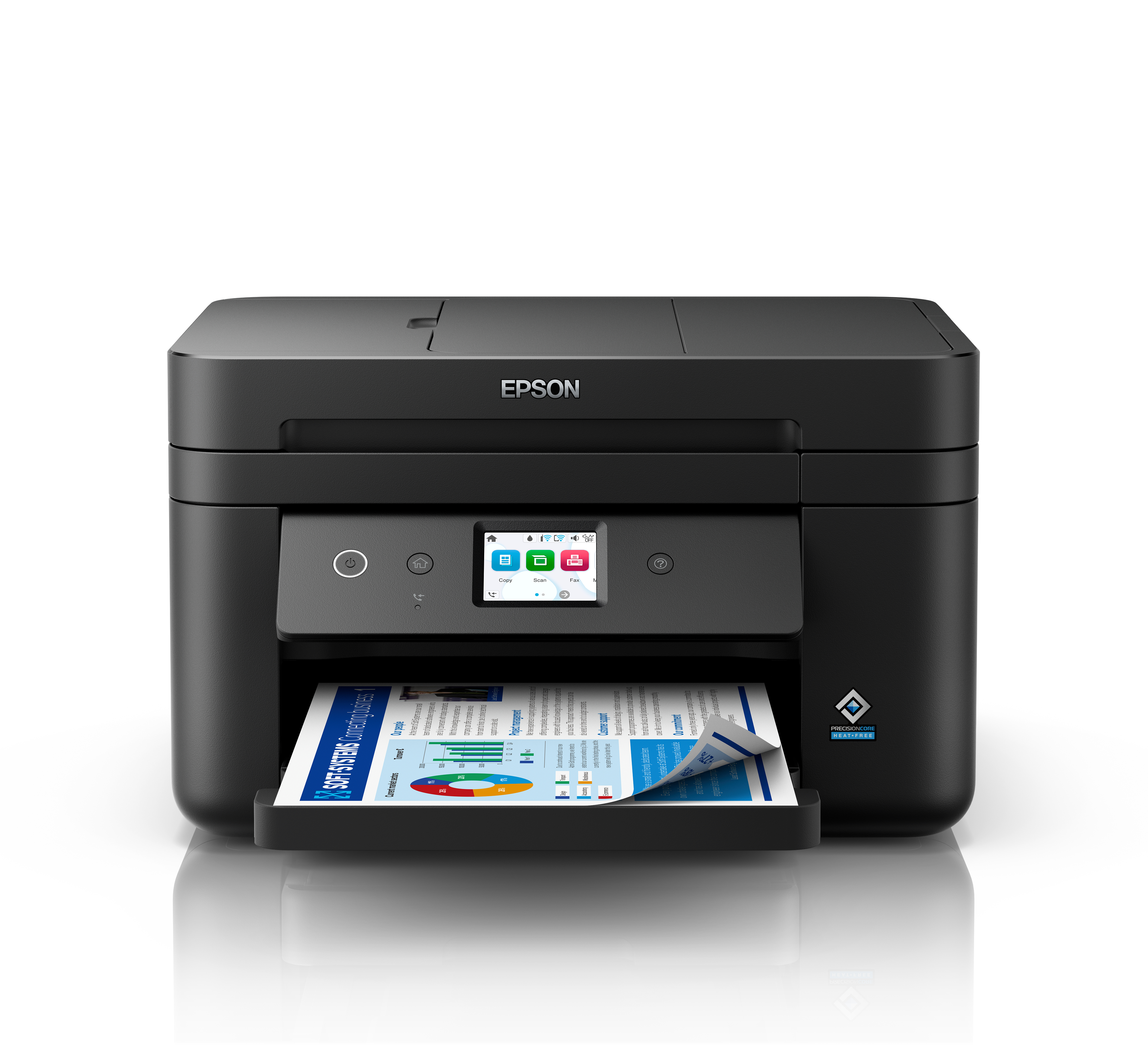Une imprimante Epson noire avec un petit écran et un bac à papier.