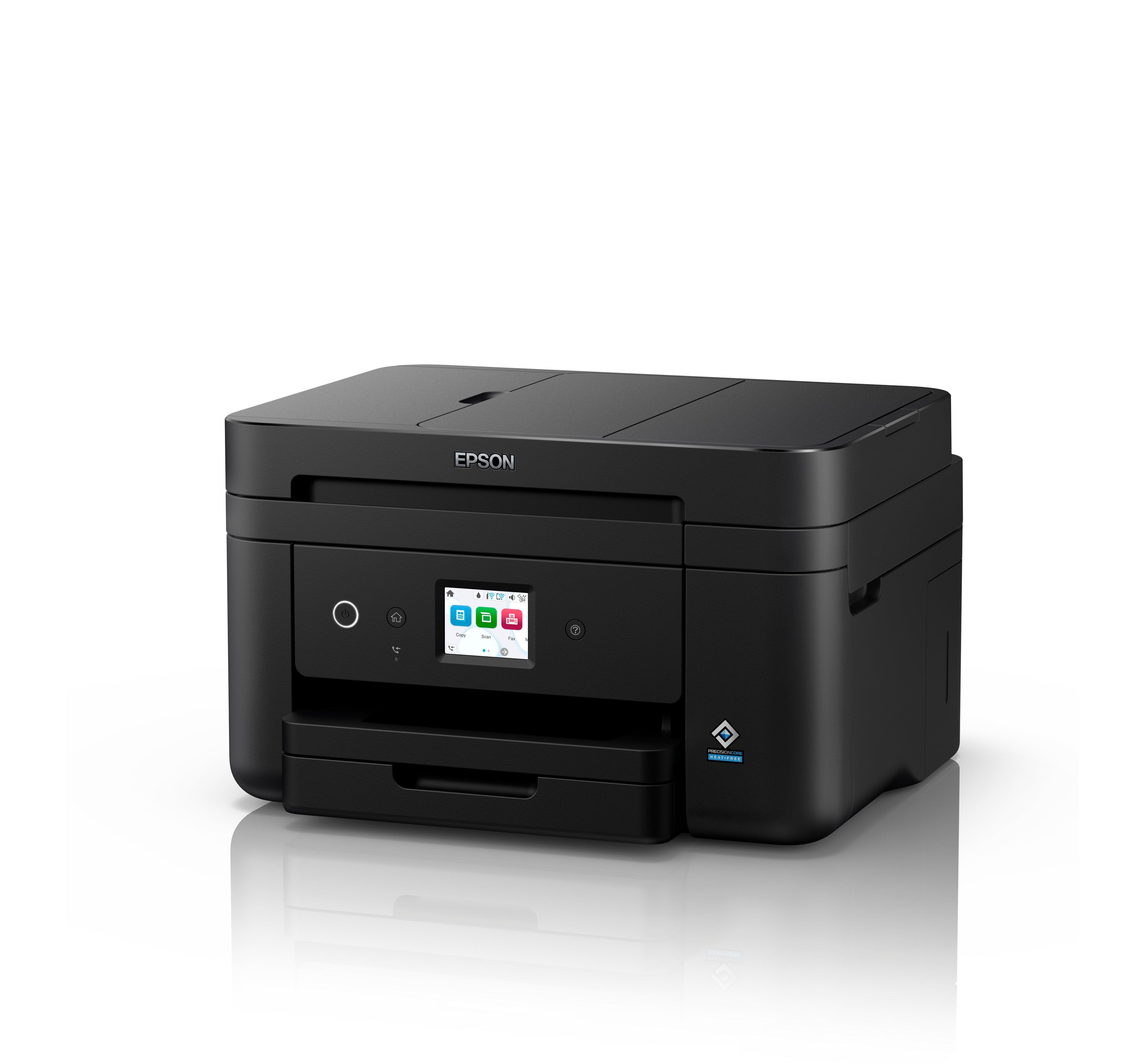 Imprimante noire avec écran tactile et bac à papier. La marque est Epson.