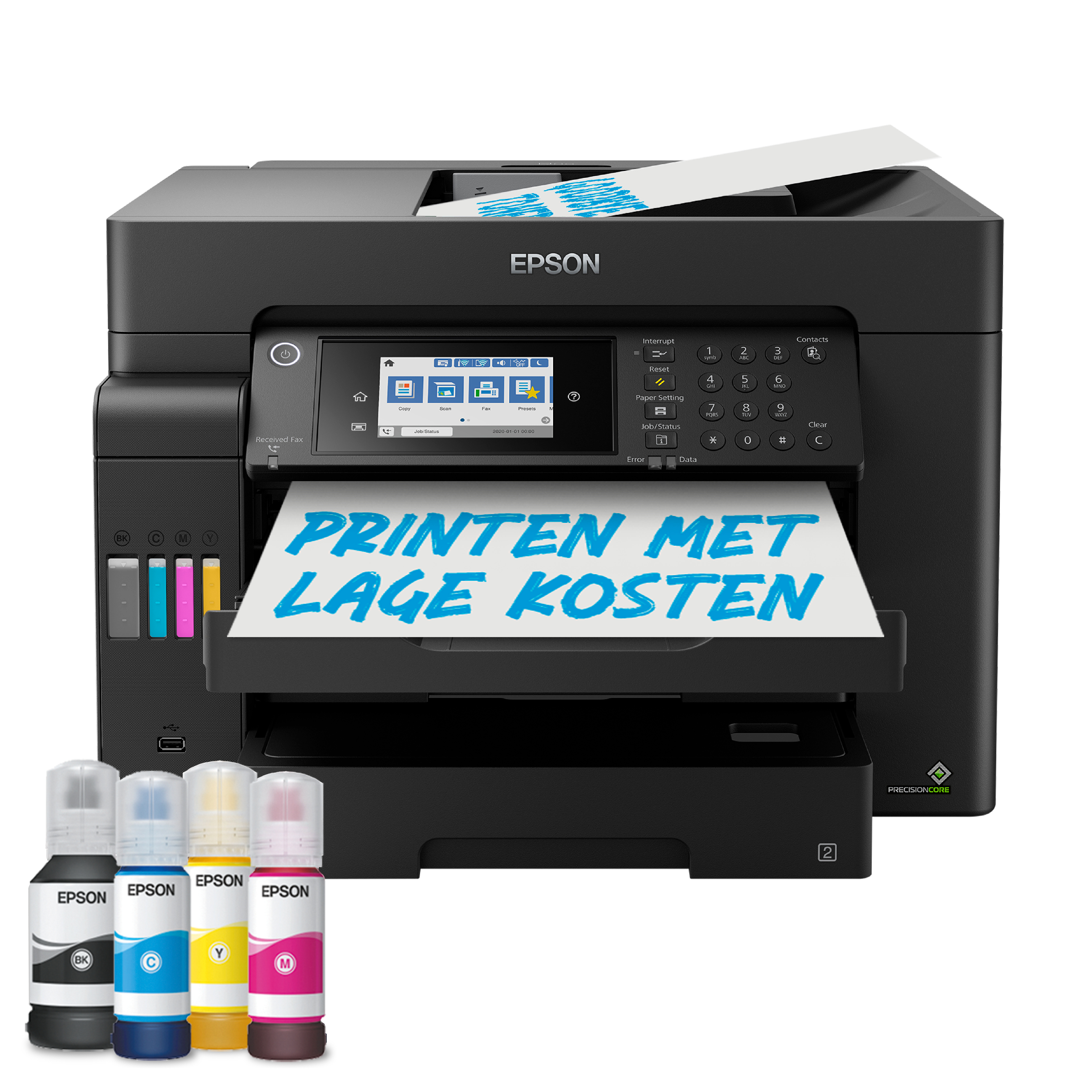 Stampante Epson nera con carta e cartucce d'inchiostro. Lo schermo mostra le impostazioni. Testo su carta: PRINTEN MET LAGE KOSTEN.