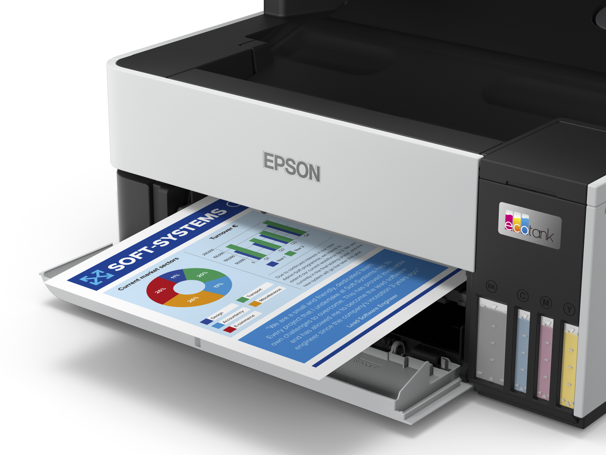 Drukarka Epson drukująca dokument z wykresami i tekstem, pokazująca podajnik papieru.