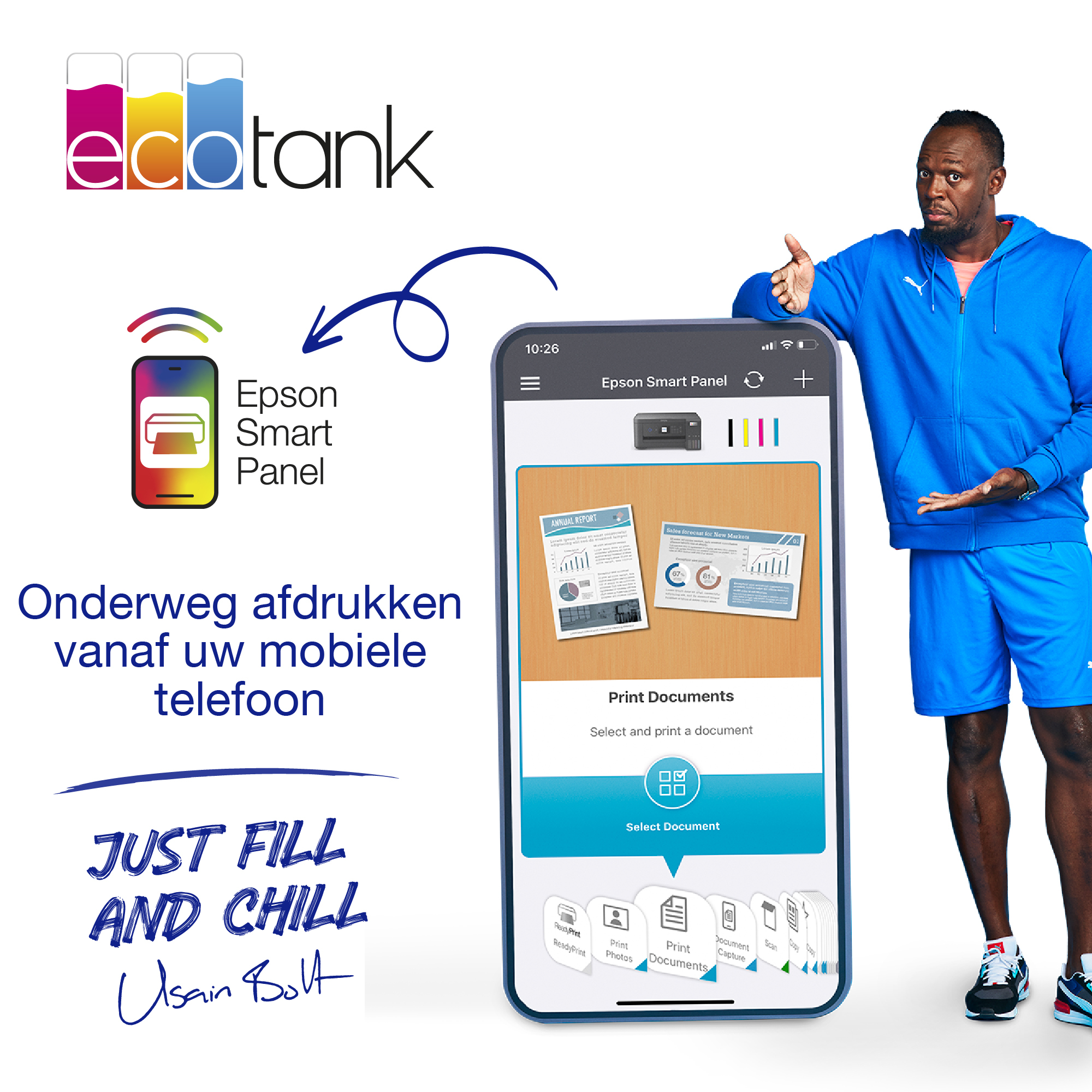 Usain Bolt z telefonem z Epson Smart Panel, z tekstami o drukowaniu z telefonu.