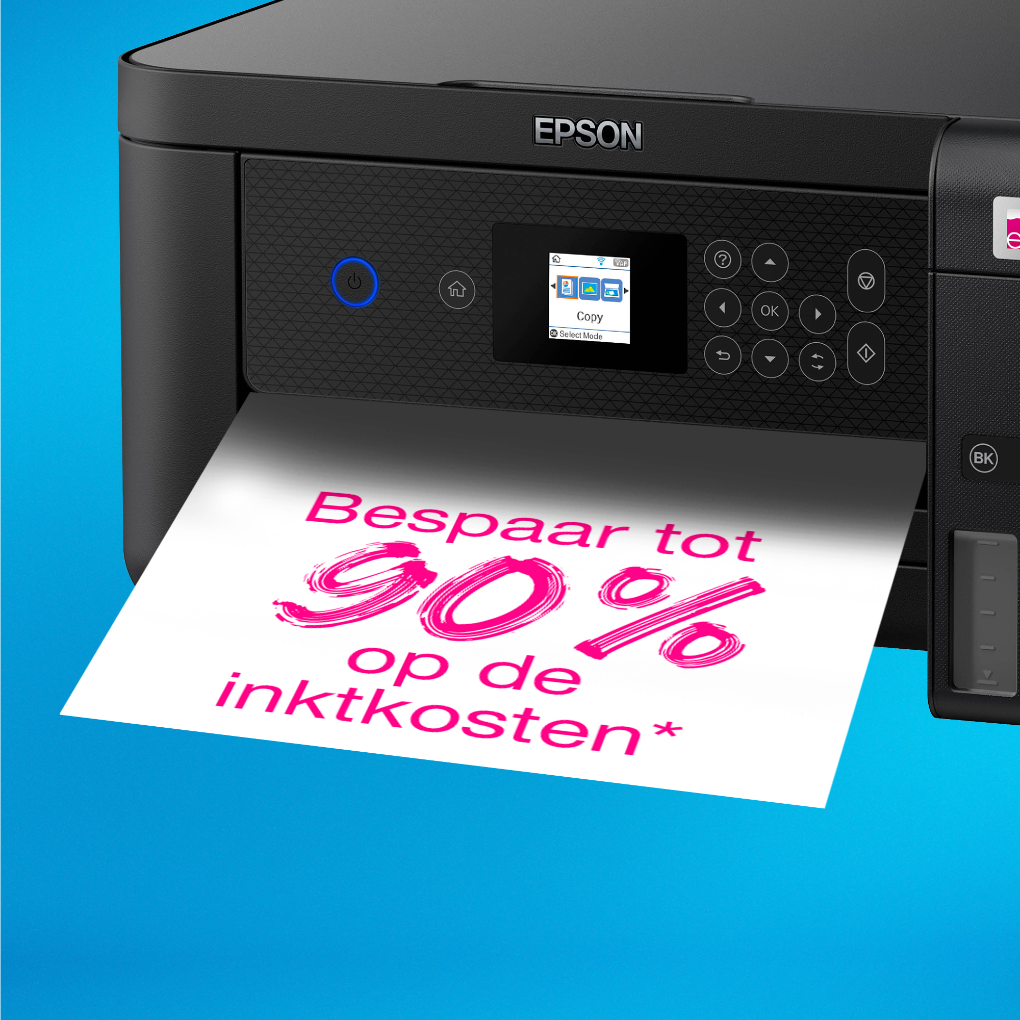 Drukarka Epson drukująca kartkę z tekstem: "Zaoszczędź do 90% na kosztach tuszu".