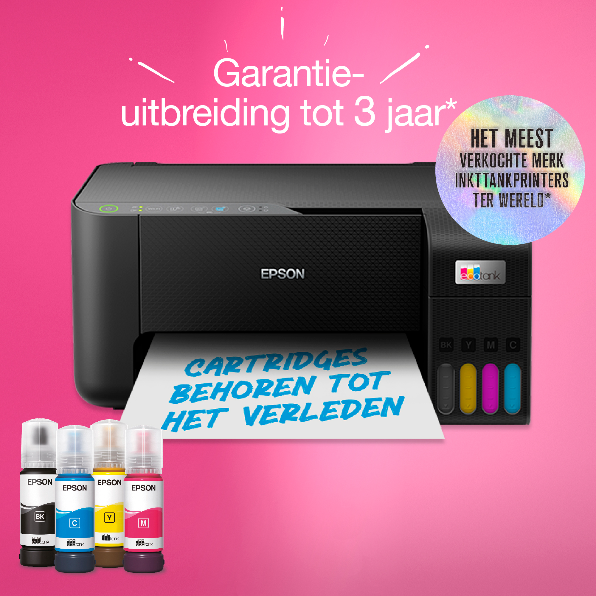 Drukarka Epson z wkładami atramentowymi, tekstem 'Wkłady należą do przeszłości' i banerem.