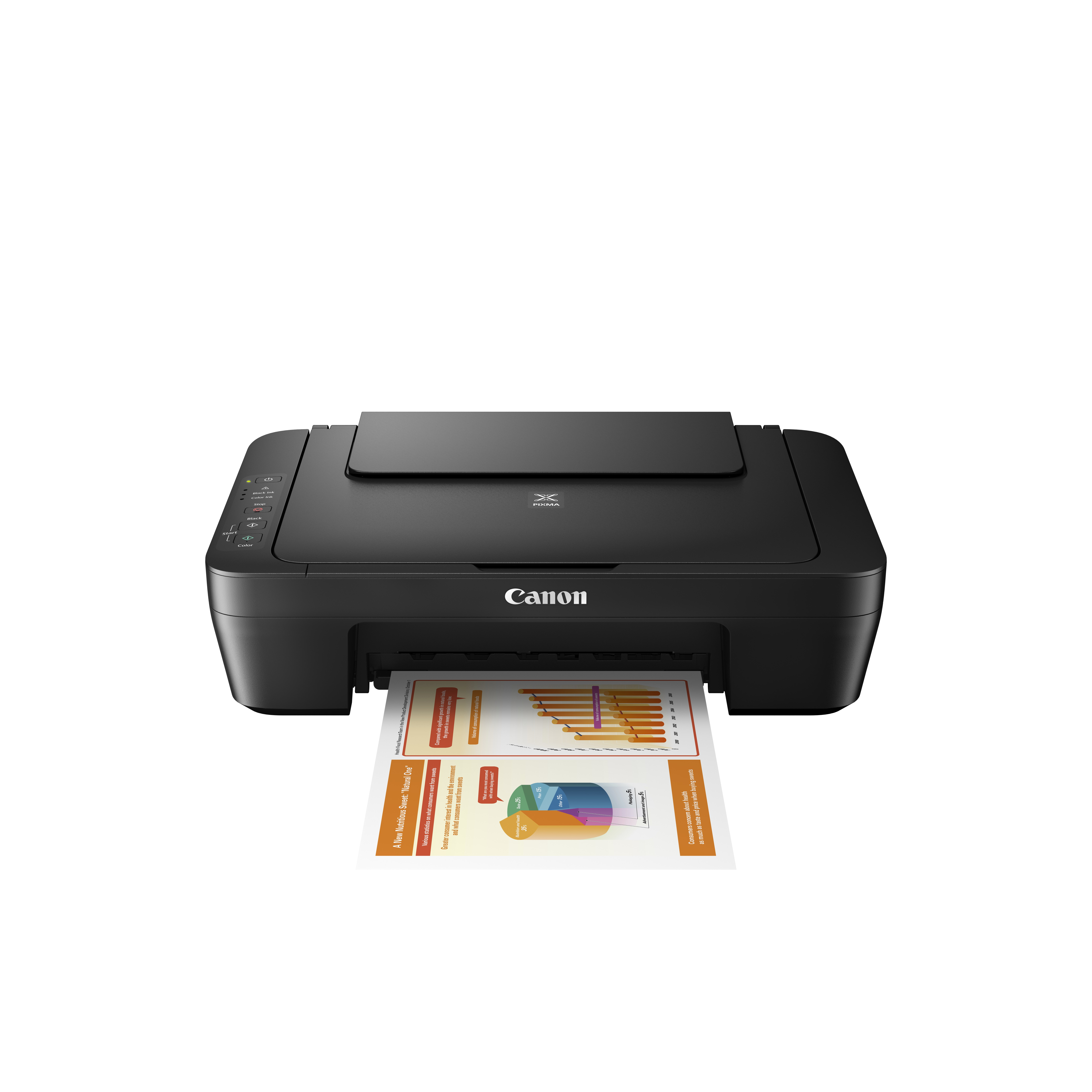 Una stampante Canon nera che stampa due pagine con grafici, con il logo Canon visibile.