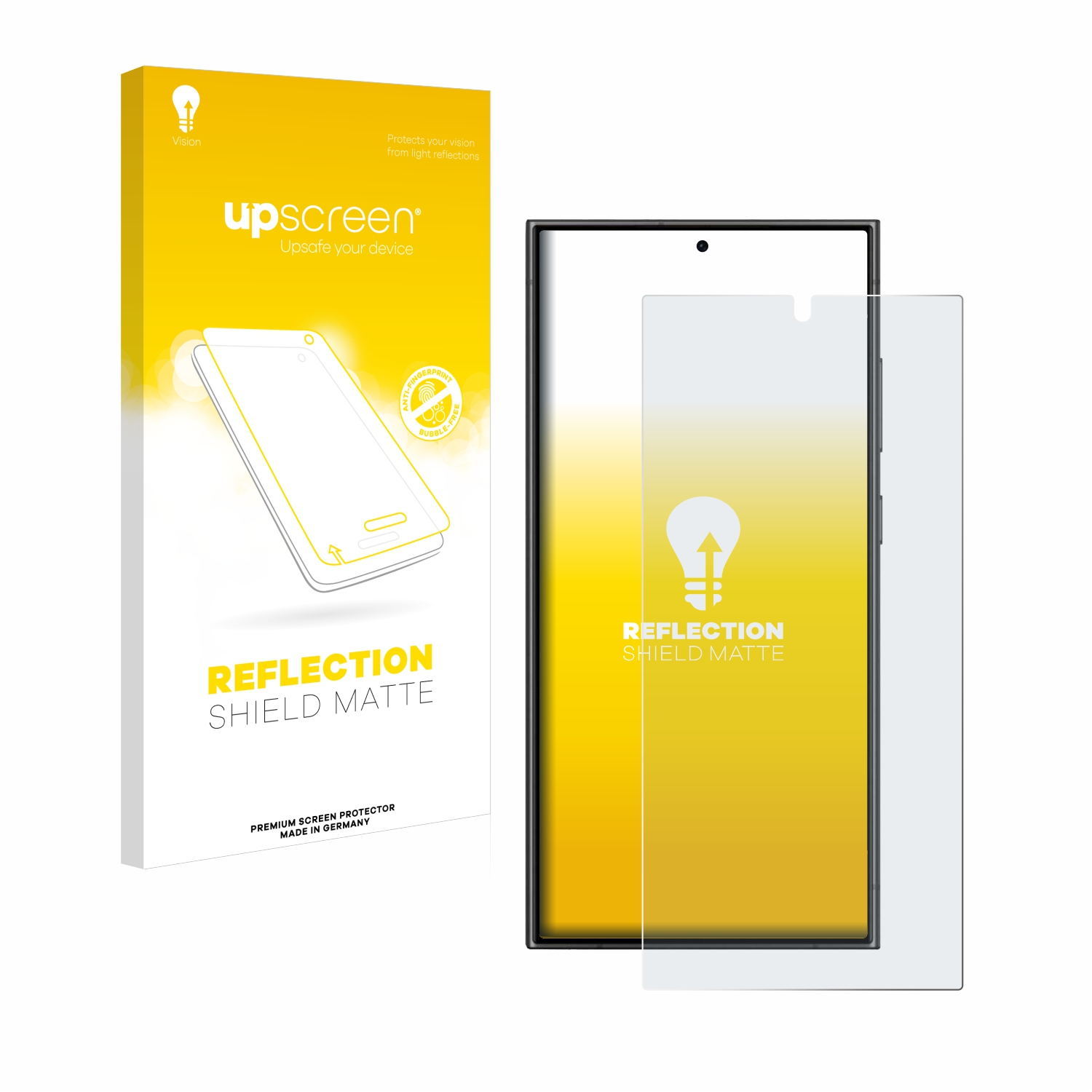 Ein Telefon mit Displayschutzfolie neben der Box. Die Box hat Schrift.