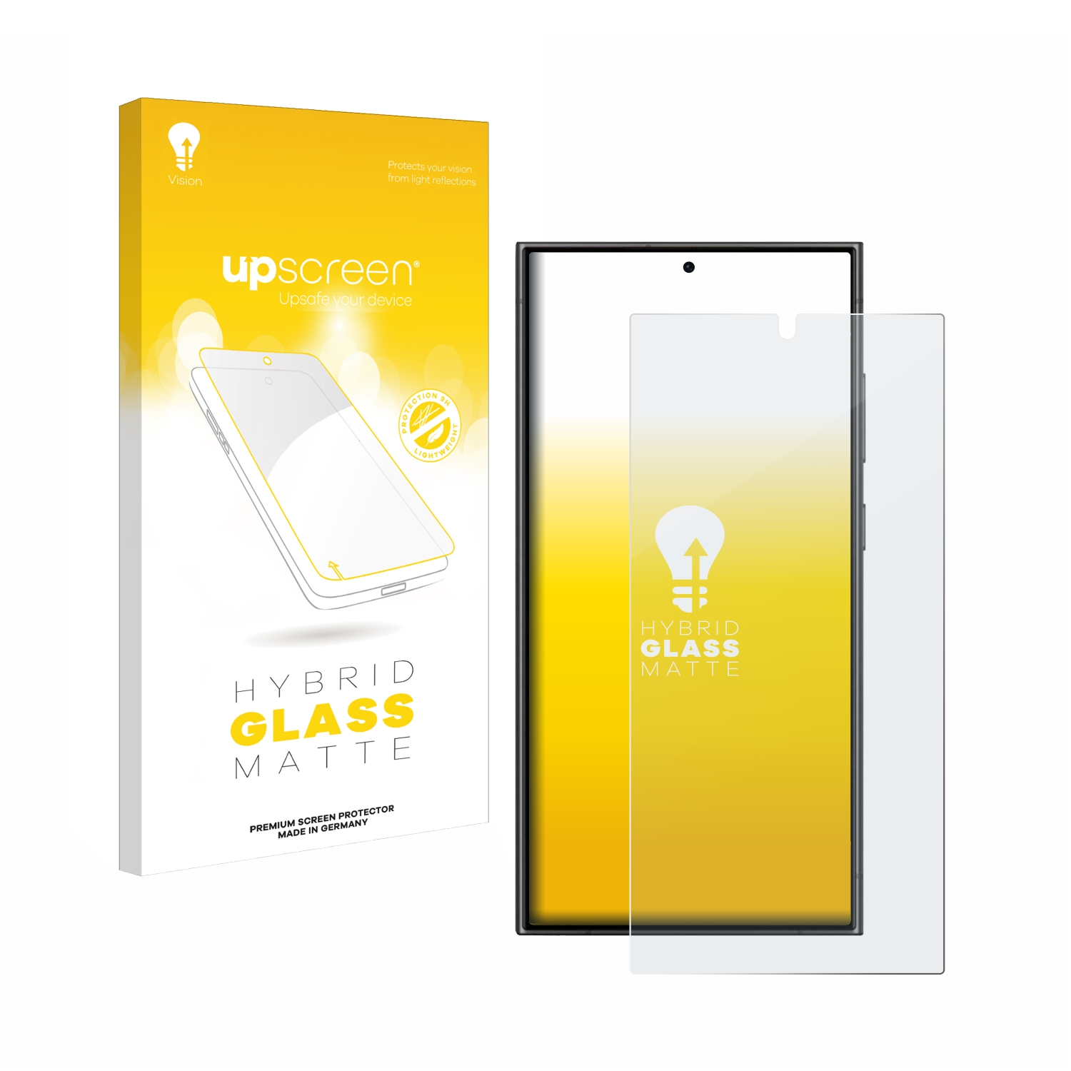 Eine Displayschutzfolienbox und die Displayschutzfolie für ein Telefon. Auf der Box steht Hybrid Glass Matte.
