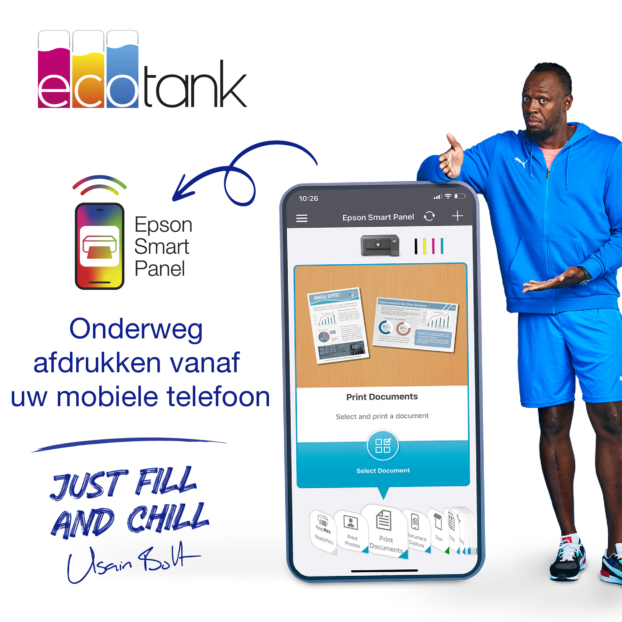 Usain Bolt tiene in mano un telefono che mostra un pannello intelligente Epson. Testo: Stampa dal tuo cellulare.