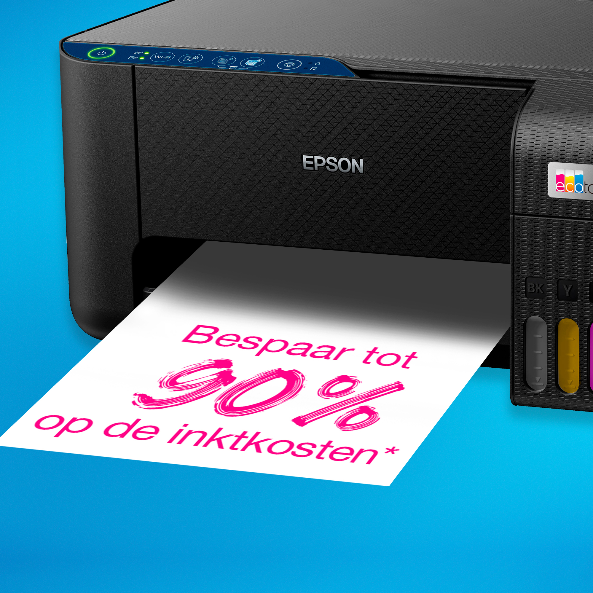 Stampante Epson nera che stampa un foglio con testo rosa.
