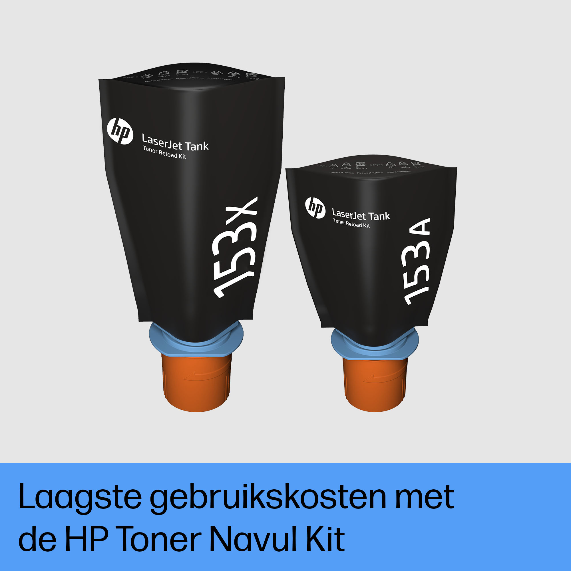 Dwa czarne zestawy do ponownego napełniania tonerem HP, z niebieskimi dyszami i pomarańczowymi nasadkami, z tekstem poniżej.