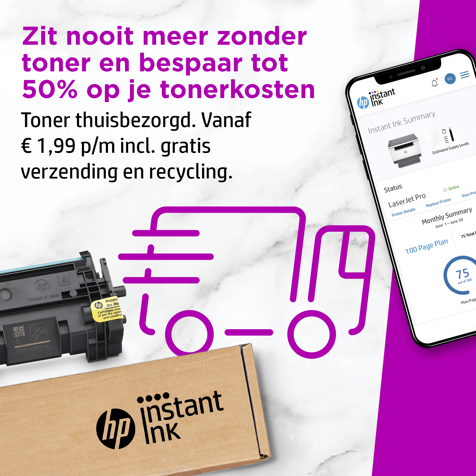 Reklama z ciężarówką transportową, ekranem telefonu i pudełkiem z wkładami HP Instant Ink.