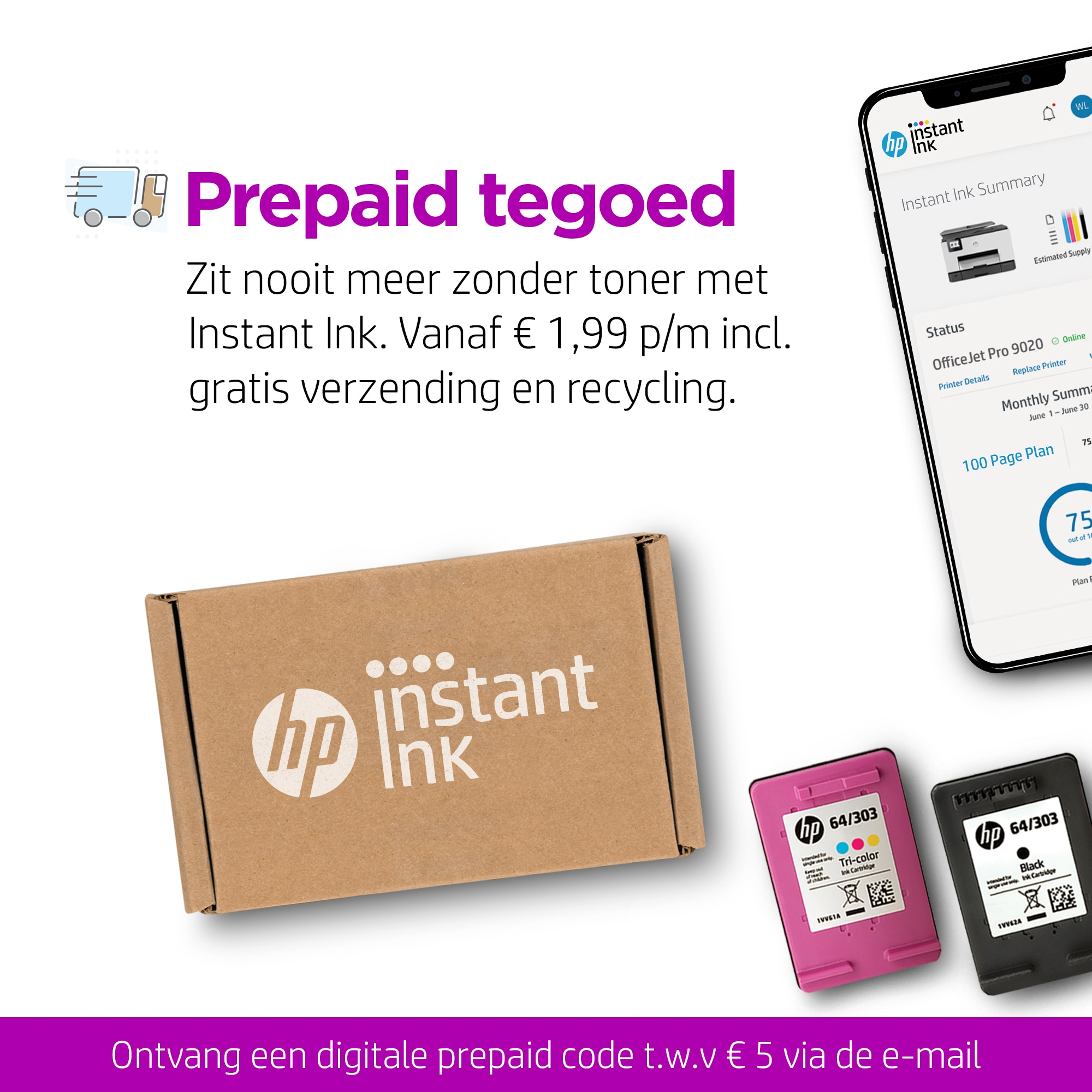 Box mit HP Instant Ink. Die Box ist braun, zwei Tintenpatronen sind sichtbar.