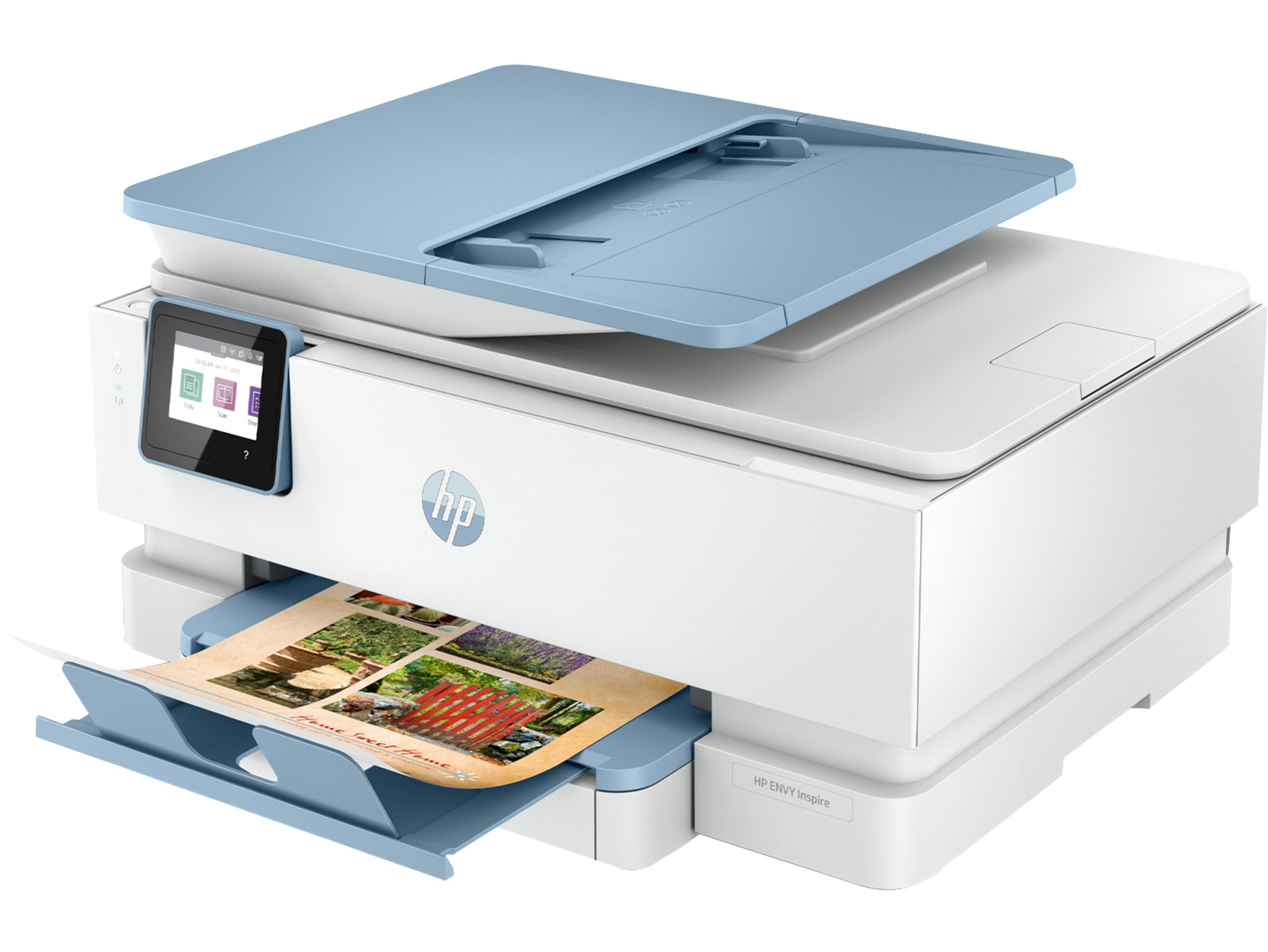 Impresora HP blanca y azul imprimiendo una página a color. La impresora tiene una pantalla táctil y un documento en la bandeja.