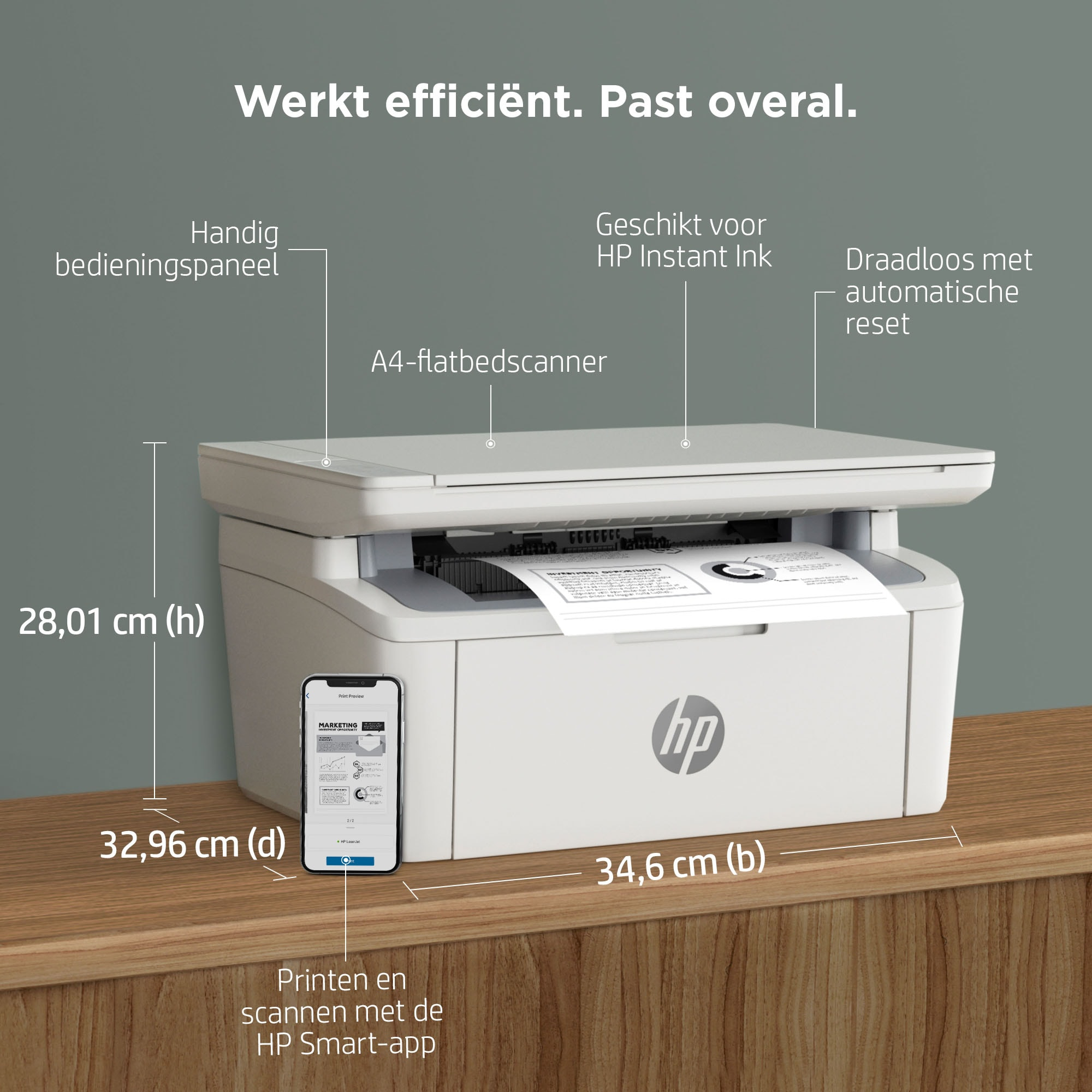 Ein weißer HP-Drucker mit Maßangaben und Funktionen. Ein Telefon liegt daneben.
