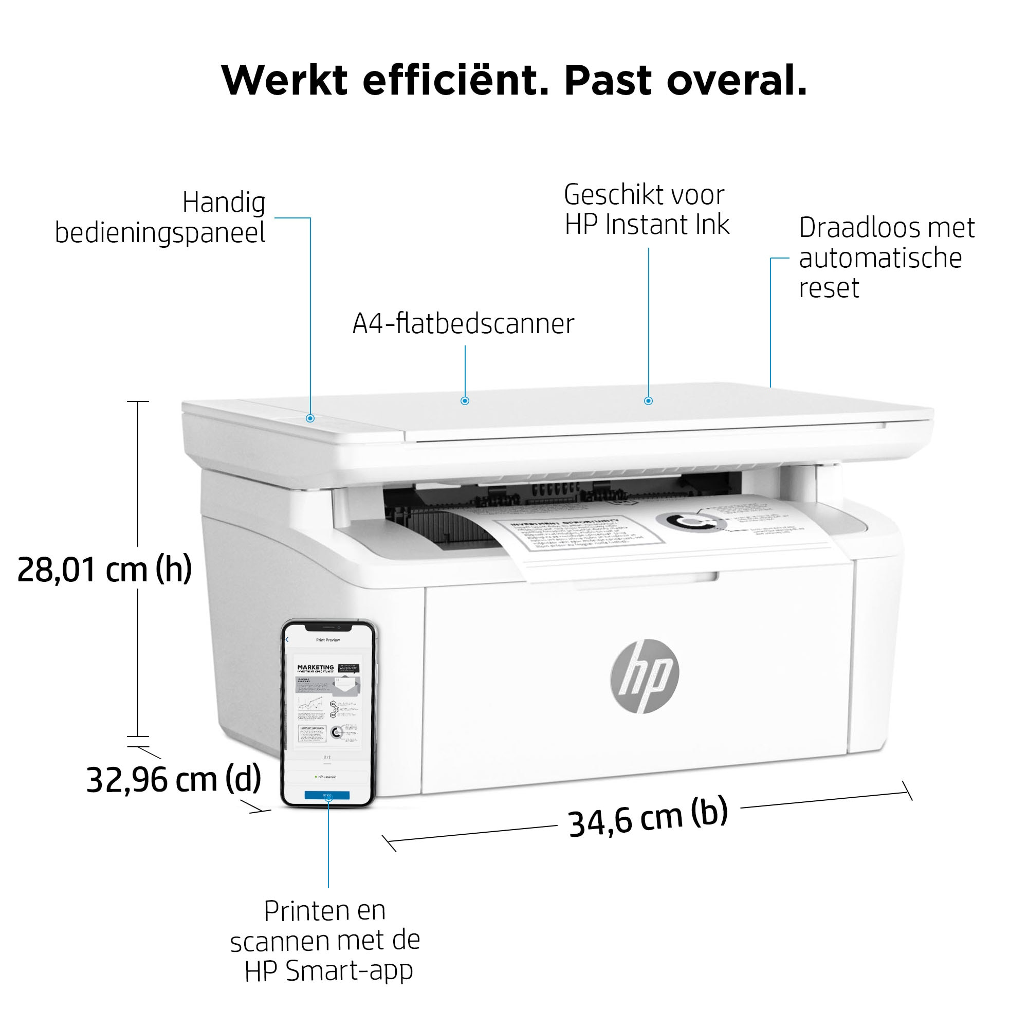 Weißer HP-Drucker mit Smartphone. Abmessungen werden angezeigt. Textbeschriftungen.