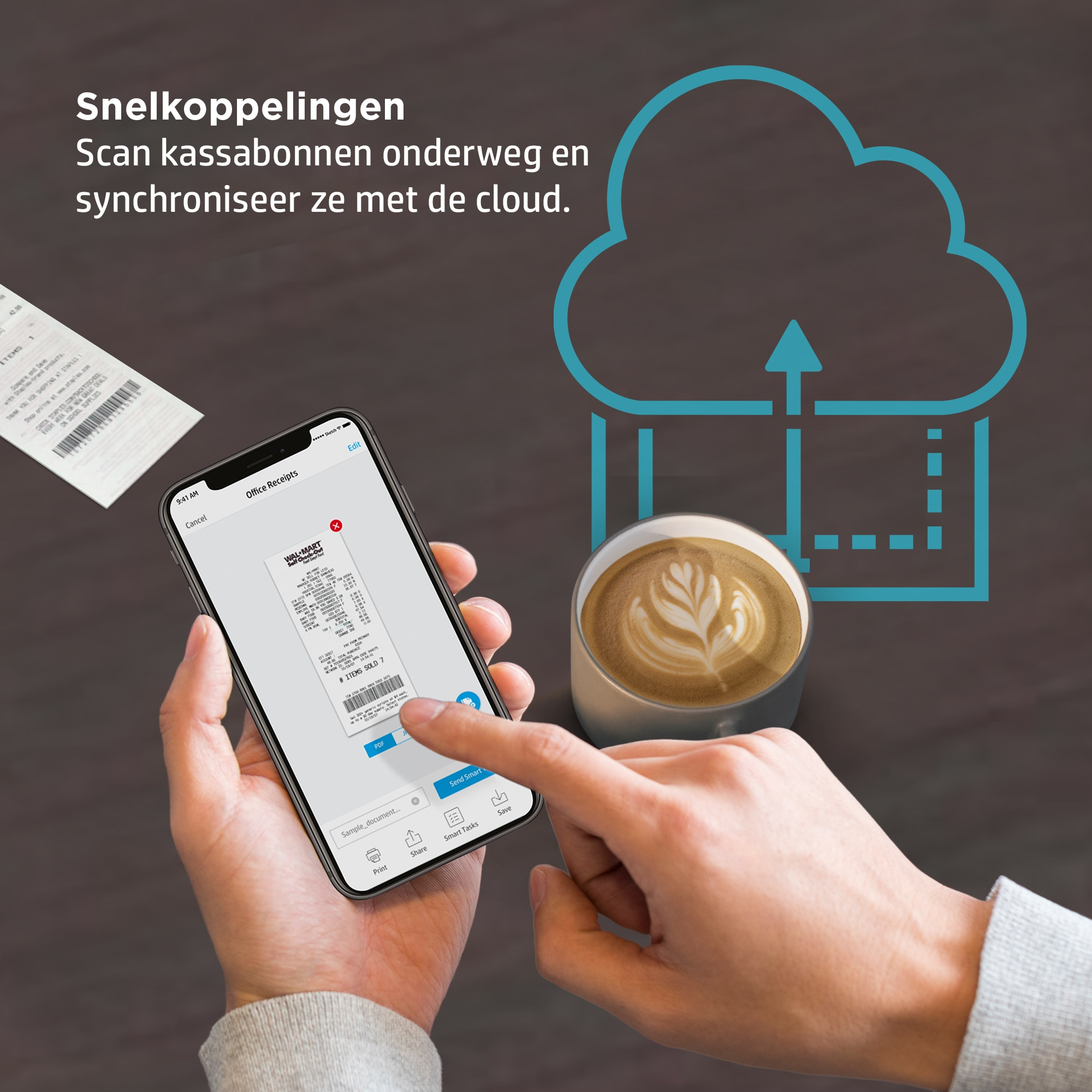 Una persona escanea un recibo en un smartphone. Un café y una nube gráfica están cerca.