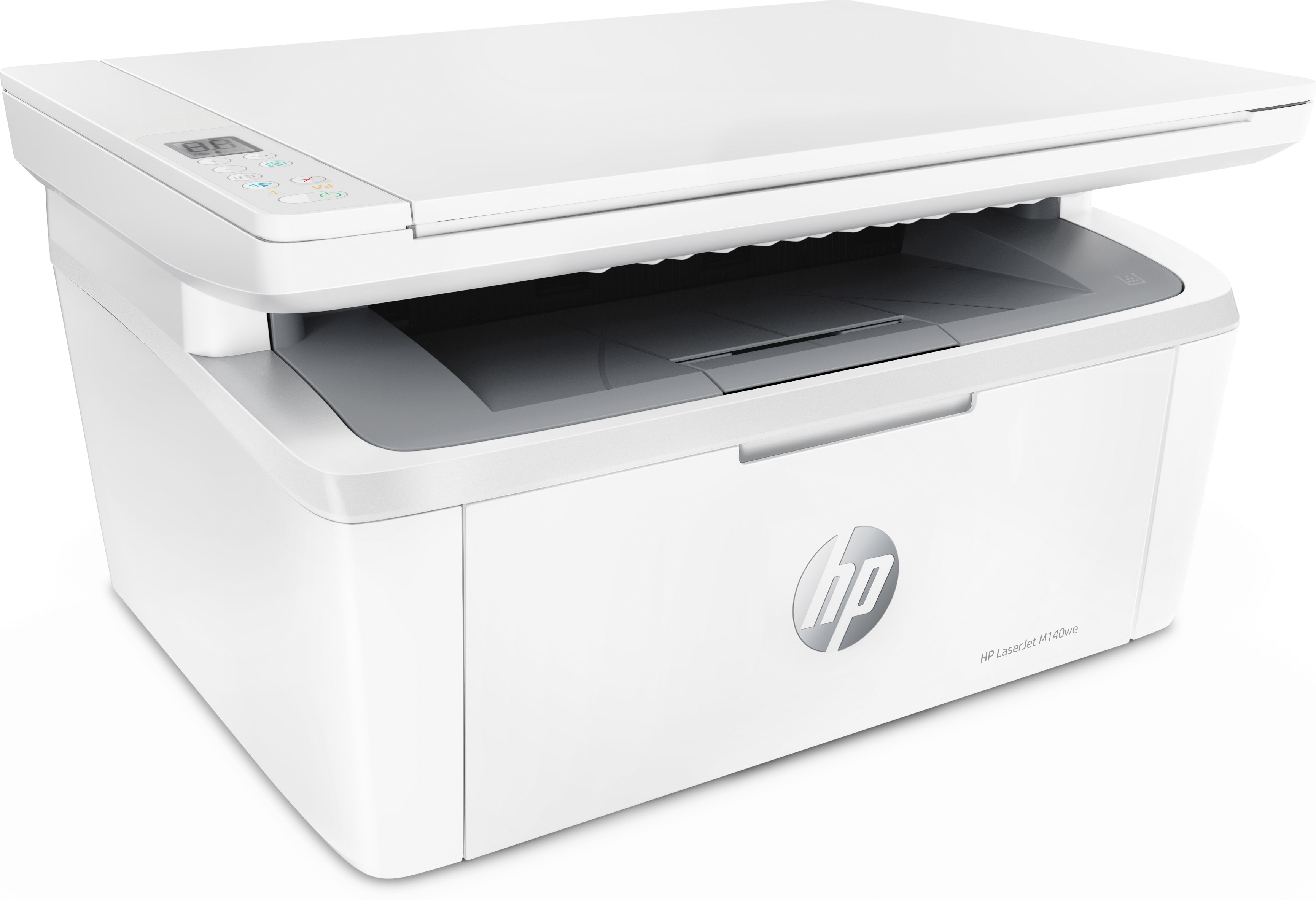Stampante HP bianca con parte superiore aperta. Un vassoio grigio e il logo HP sono visibili.