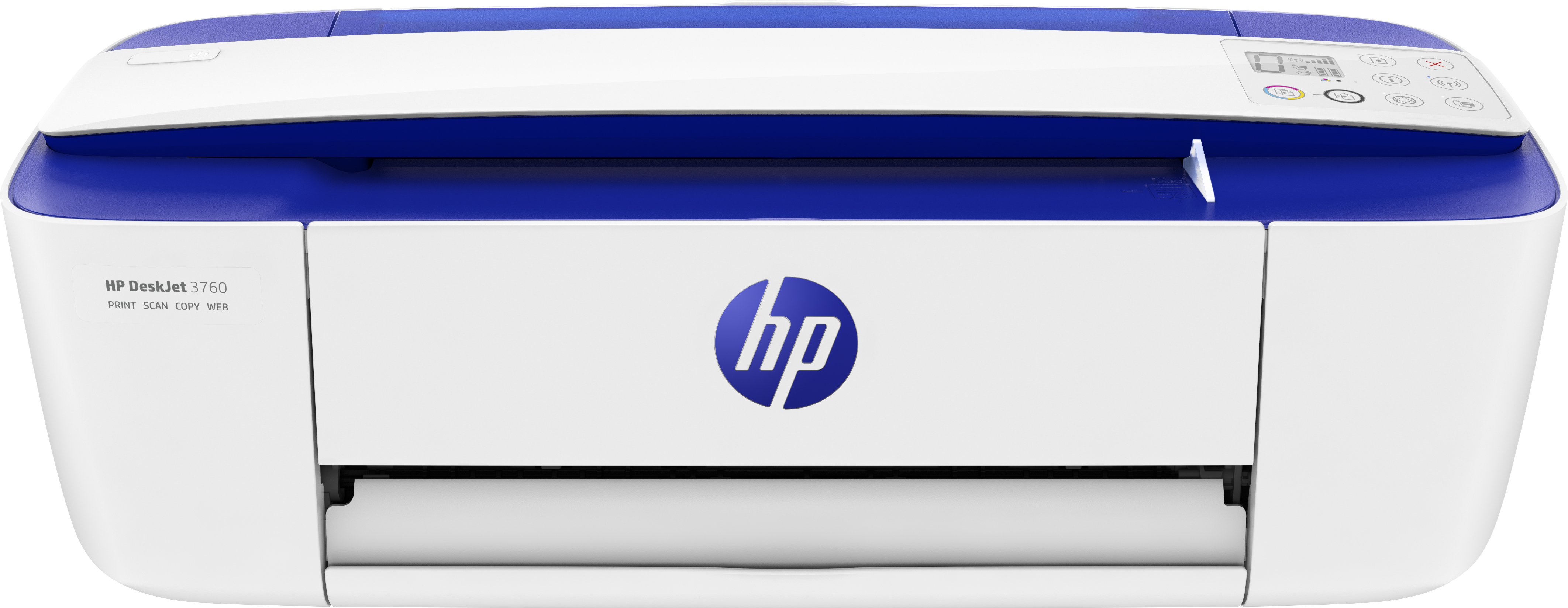 Stampante HP Deskjet 3750 bianca e blu. Il logo HP è centrato. Stampa, scansiona, copia e Wi-Fi.