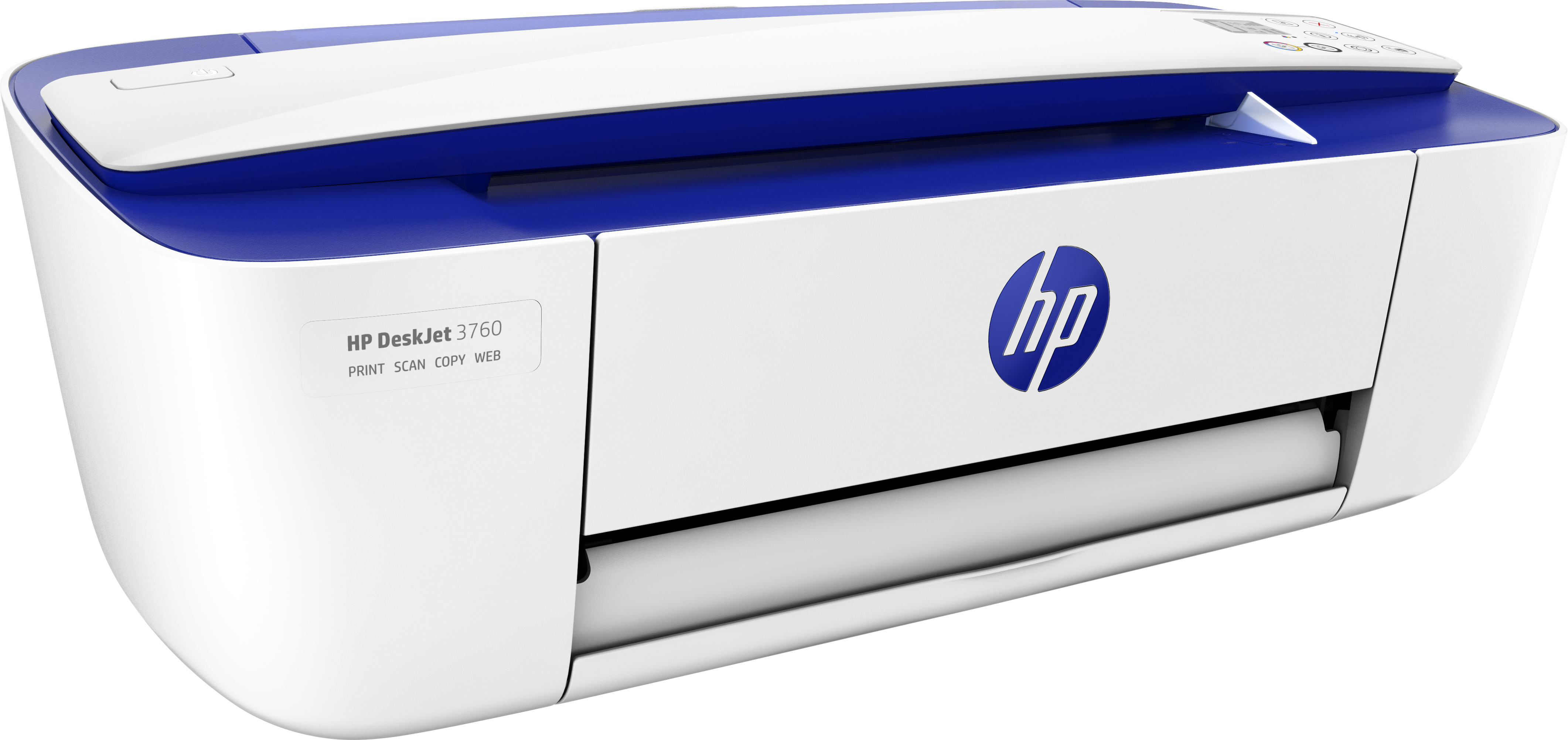 Stampante HP DeskJet 3760 bianca e blu con nome e logo su sfondo bianco.