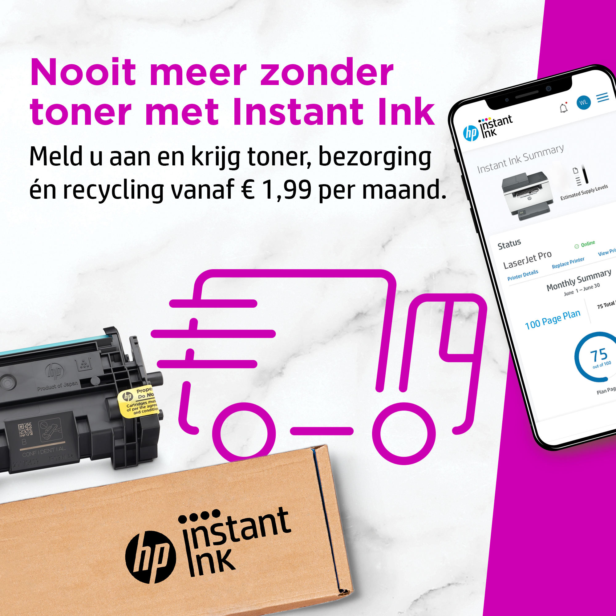 Reklama HP Instant Ink z ciężarówką dostawczą i smartfonem.
