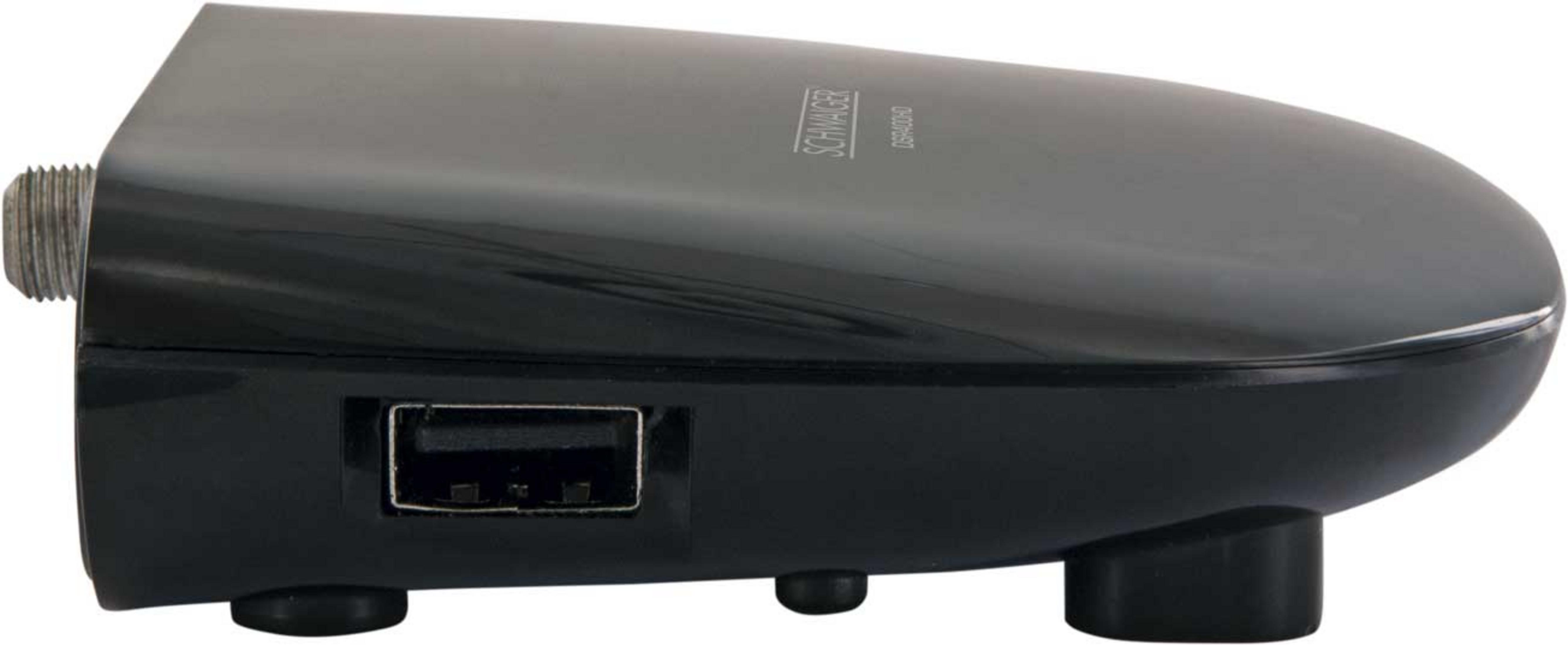 Ein schwarzer Digitalempfänger mit Anschlüssen und einem USB-Anschluss. Er trägt den Markennamen 'SCHWAIGER'.