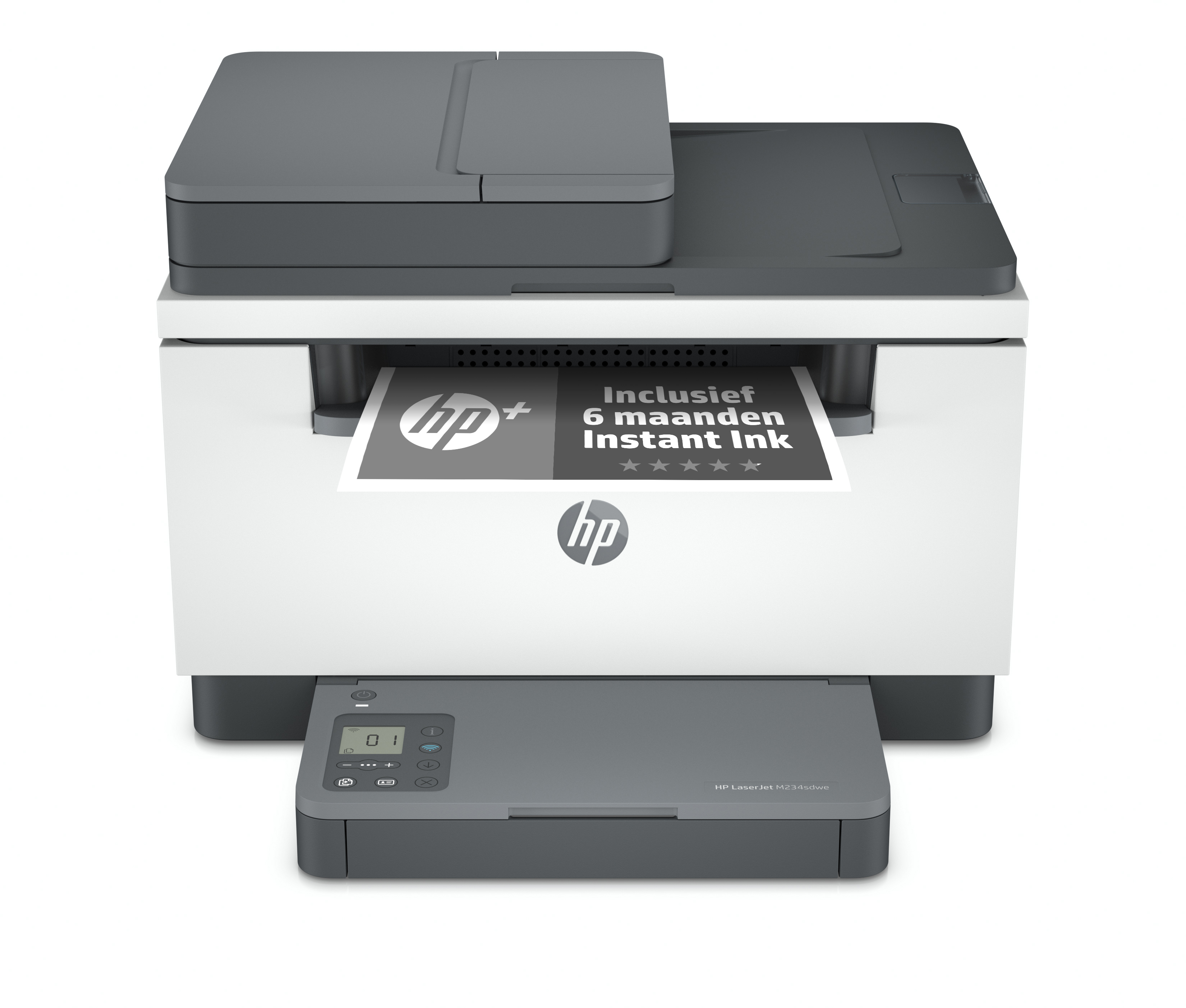 Biało-szara drukarka z papierem wyświetlającym tekst na białym tle.