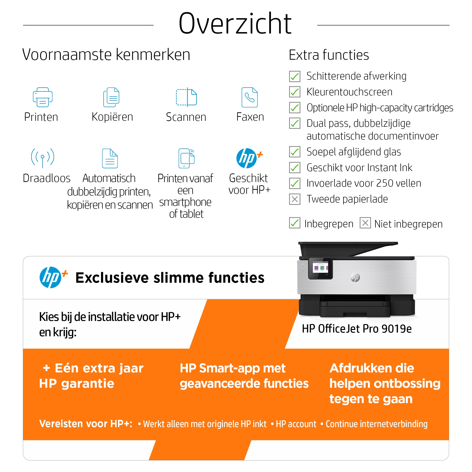 HP Drucker Übersicht mit Funktionen wie Drucken, Kopieren, Scannen, Faxen und drahtlos, plus HP+.