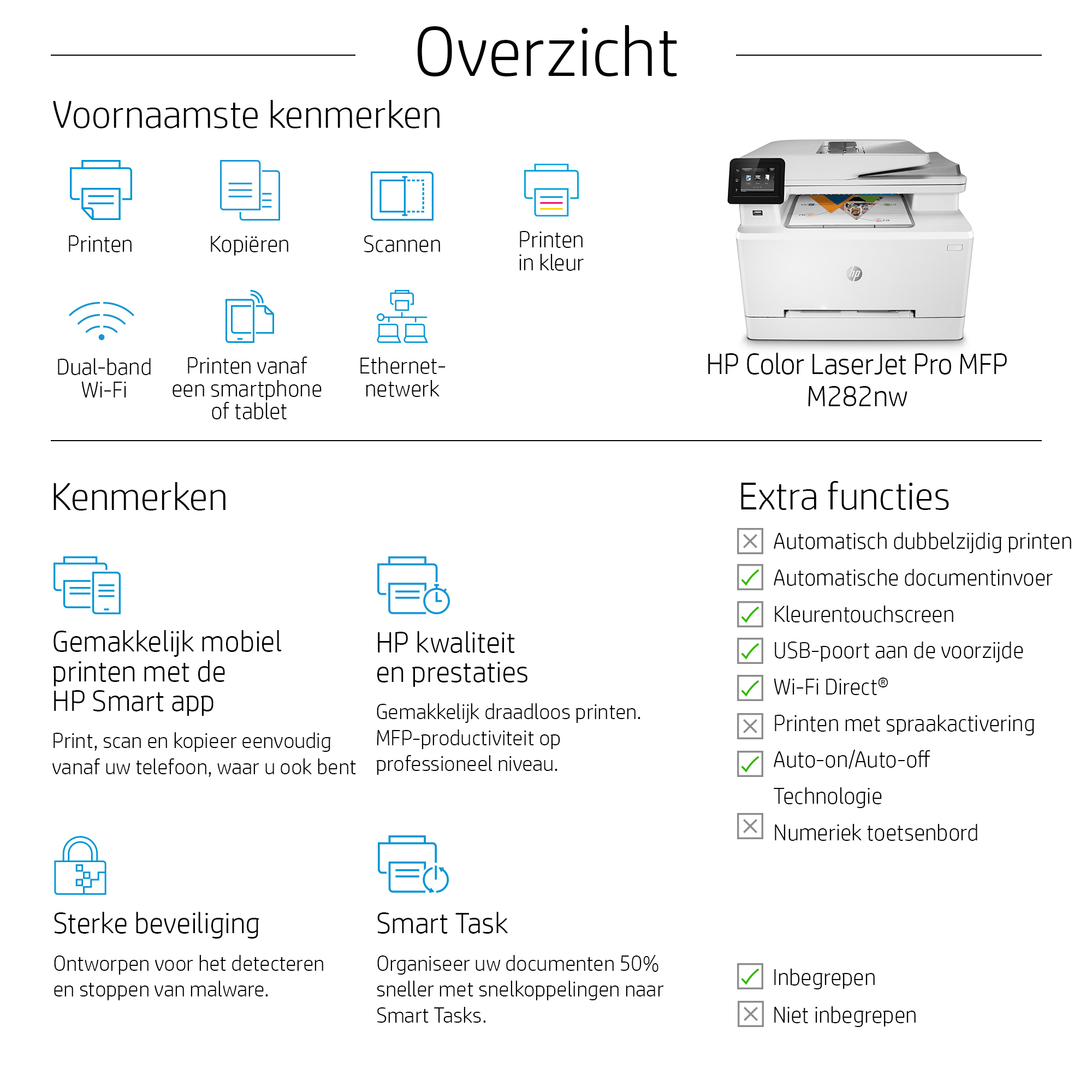 Un foglio informativo olandese con icone e testo, che mostra le caratteristiche e le funzioni della stampante.