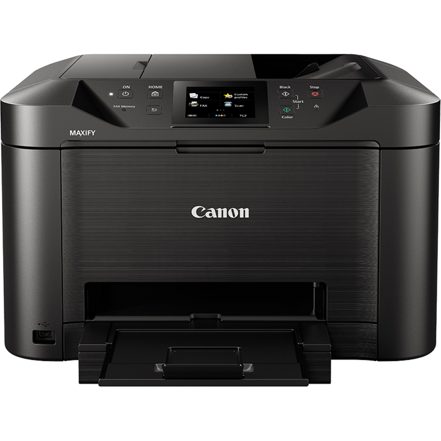 Czarna drukarka z otwartą tacą na papier. Ma ekran i wiele przycisków. Marka to Canon MAXIFY.