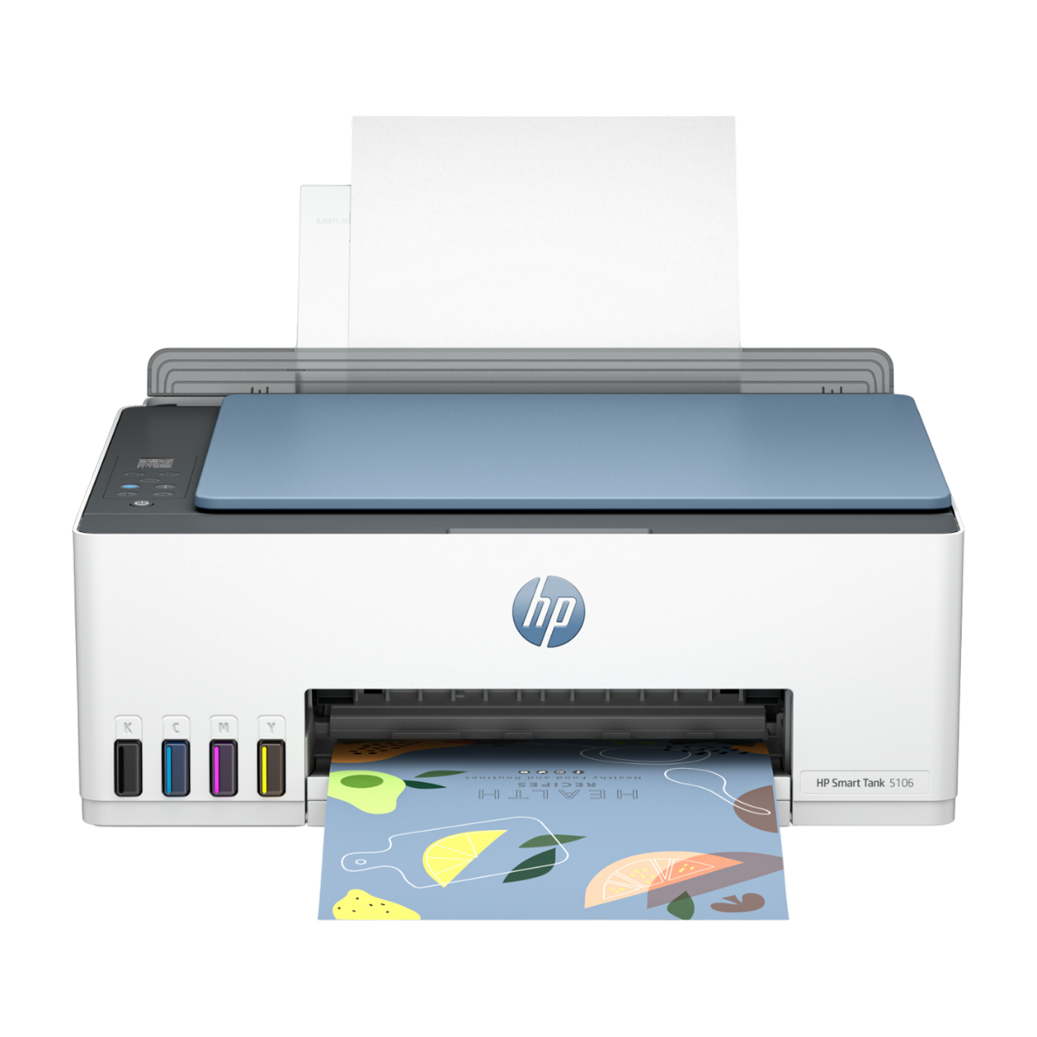 Drukarka HP Smart Tank 5106, biało-niebieska. Widoczny podajnik papieru i zbiorniki z tuszem.