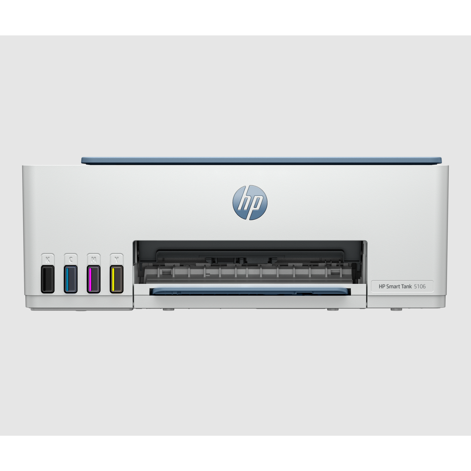 Drukarka HP Smart Tank 5106, biała z niebieskim blatem, prezentująca wkłady atramentowe.
