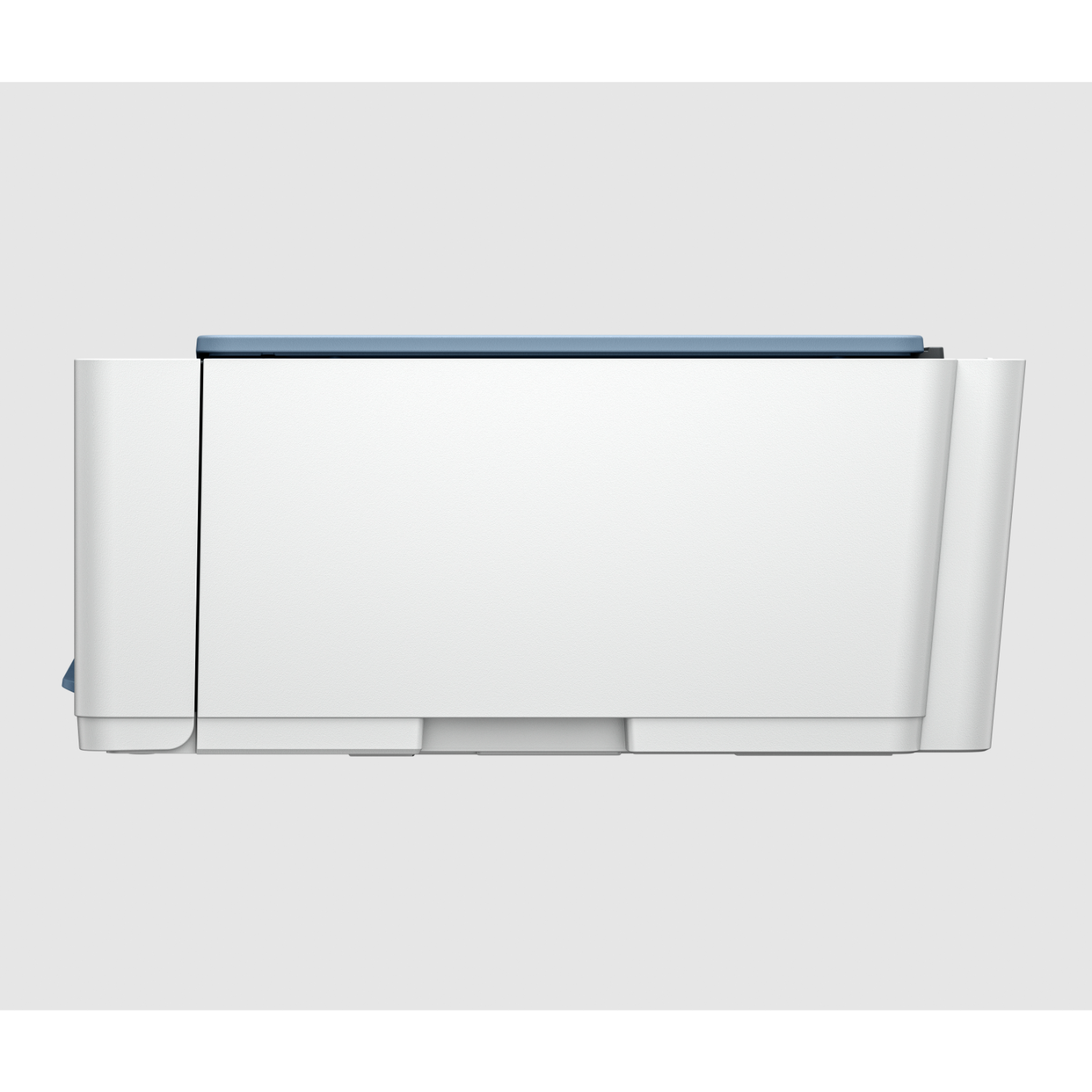 Biała drukarka z niebieską górą. Drukarka znajduje się na jasnoszarym tle.