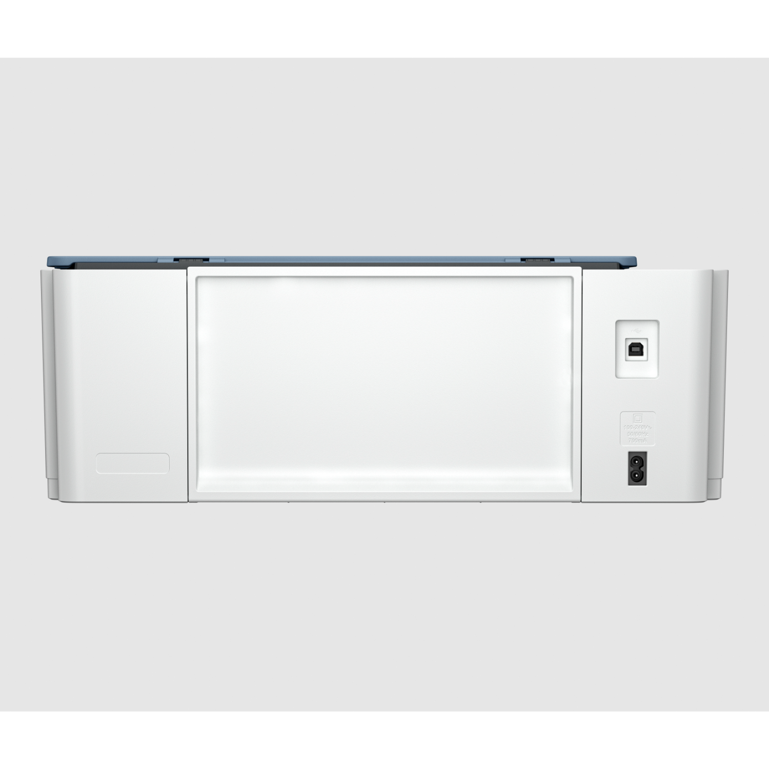 Widok z tyłu białej drukarki z niebieskim blatem, pokazujący porty i wejście zasilania na szarym tle.