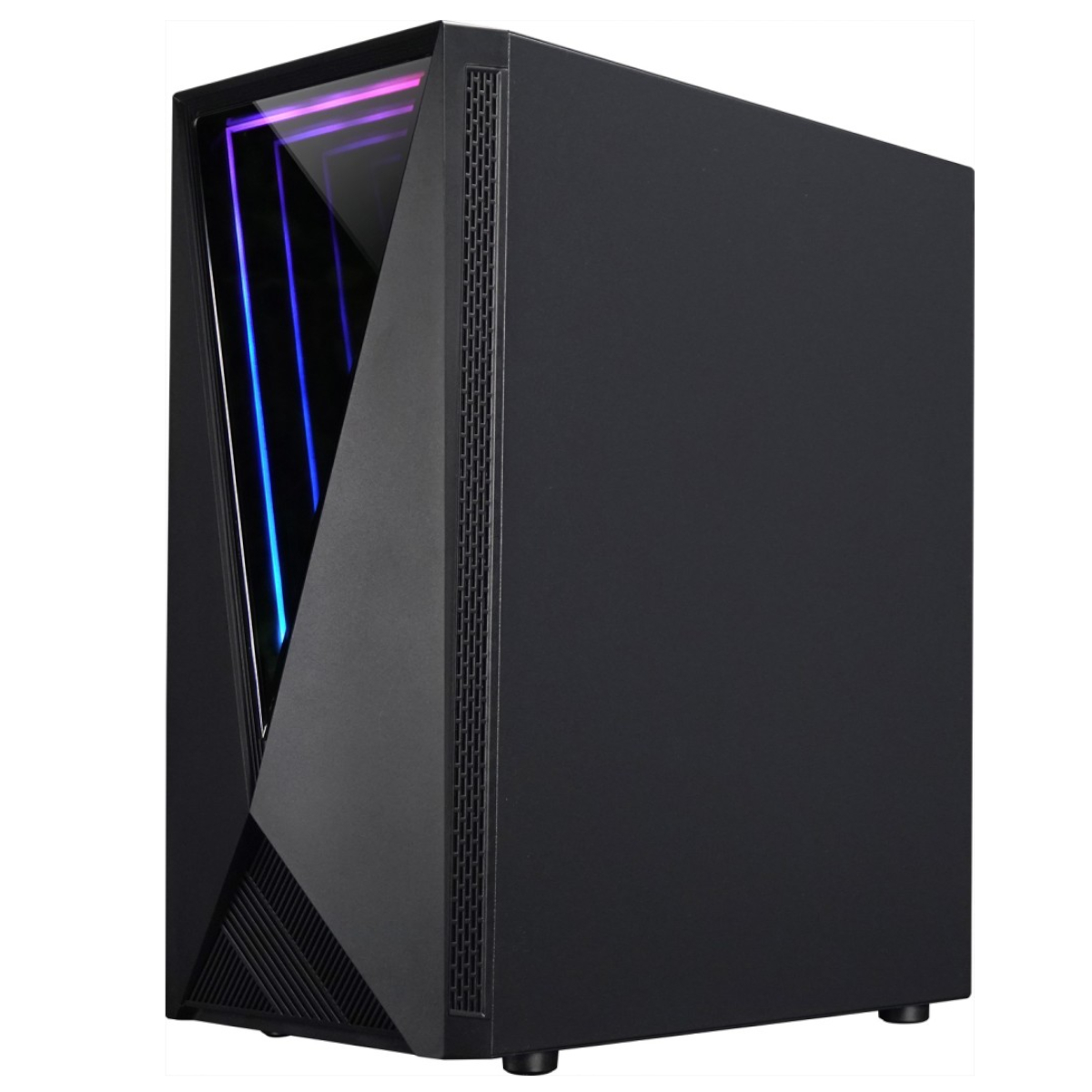 Una caja de computadora negra con un panel lateral de vidrio y luces de neón.